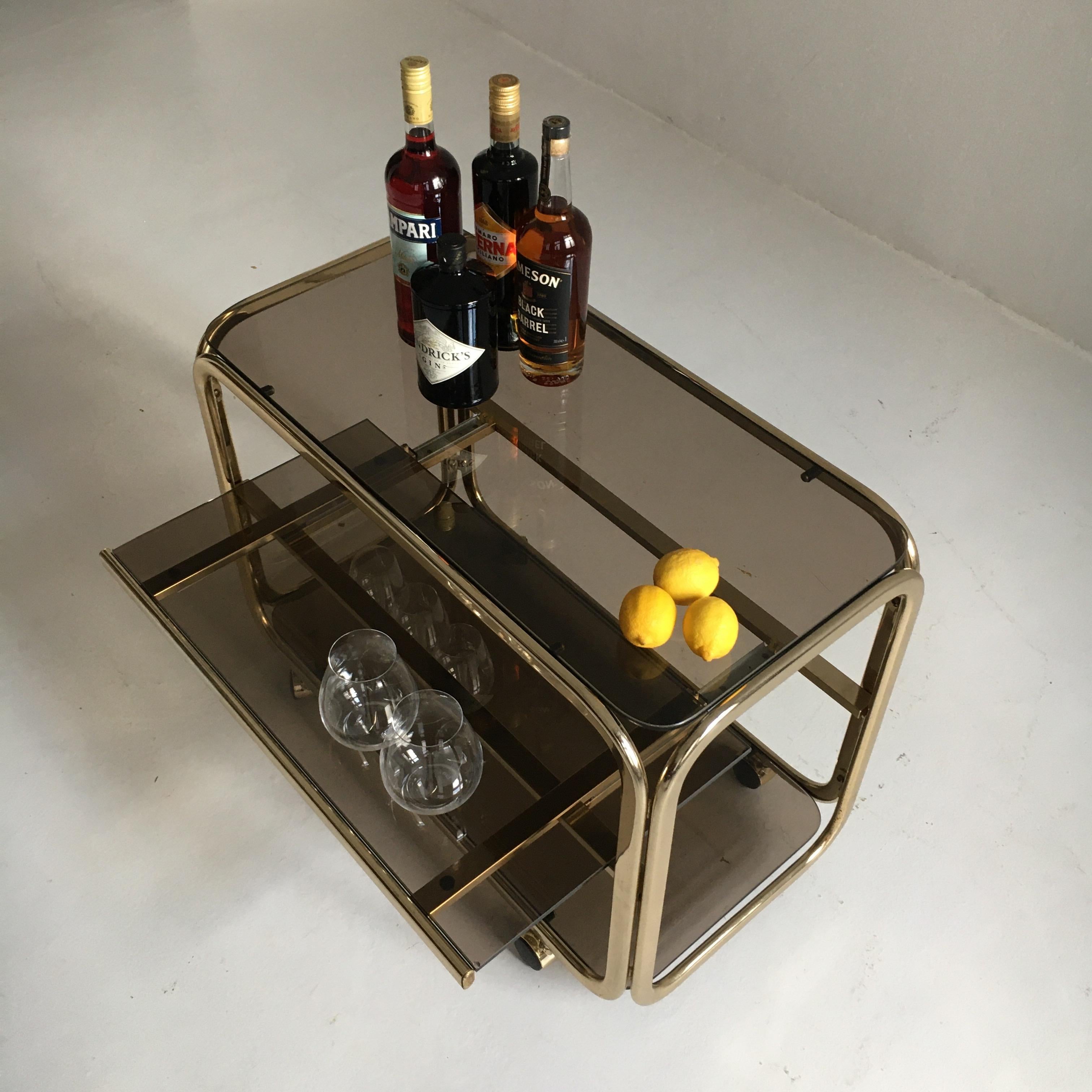 Vintage Brass-Plated Bar Cart Table Brown Smoked Glass Plates by Morex, 1970s In Good Condition In Vienna, AT