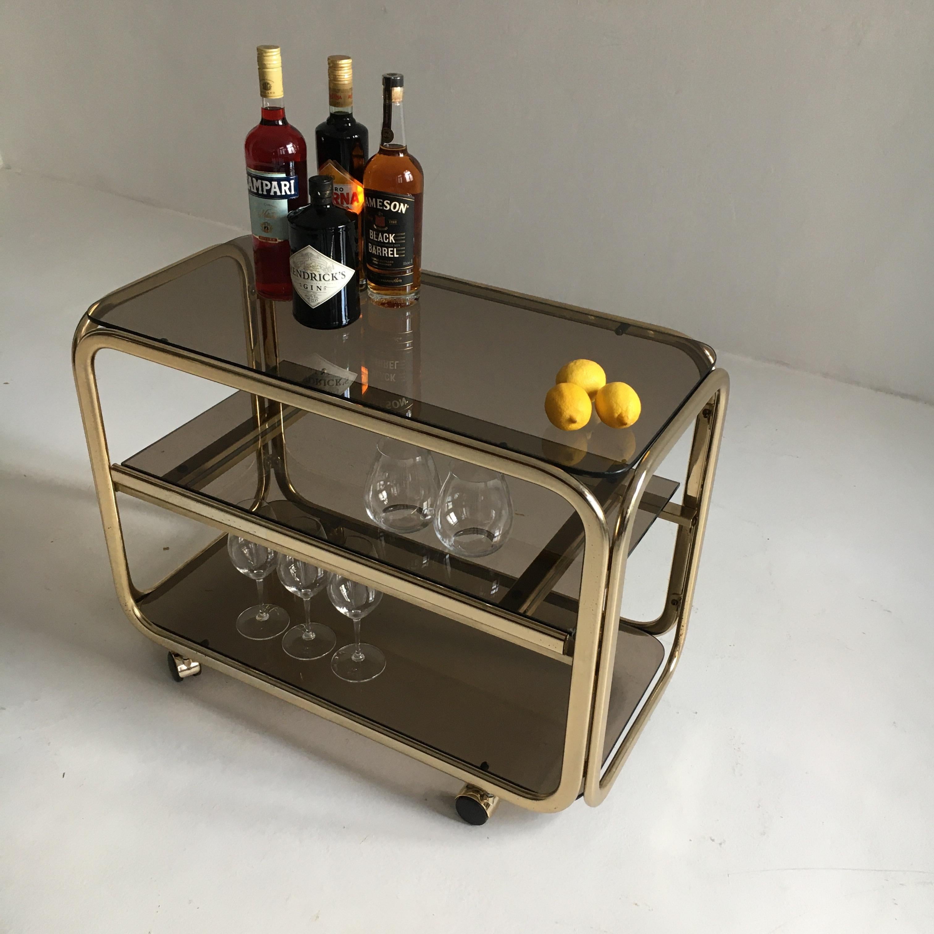 Late 20th Century Vintage Brass-Plated Bar Cart Table Brown Smoked Glass Plates by Morex, 1970s