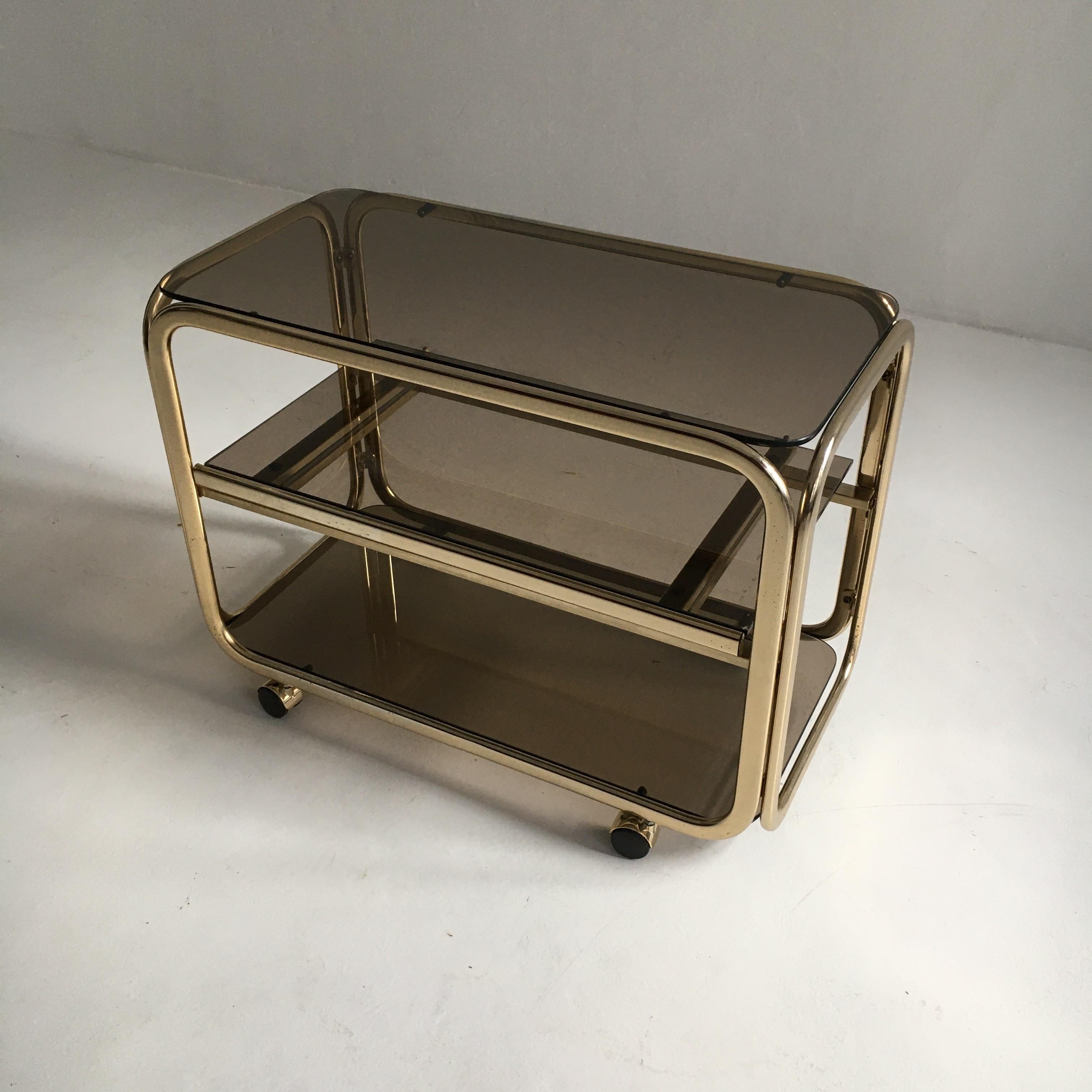 Vintage Brass-Plated Bar Cart Table Brown Smoked Glass Plates by Morex, 1970s 1