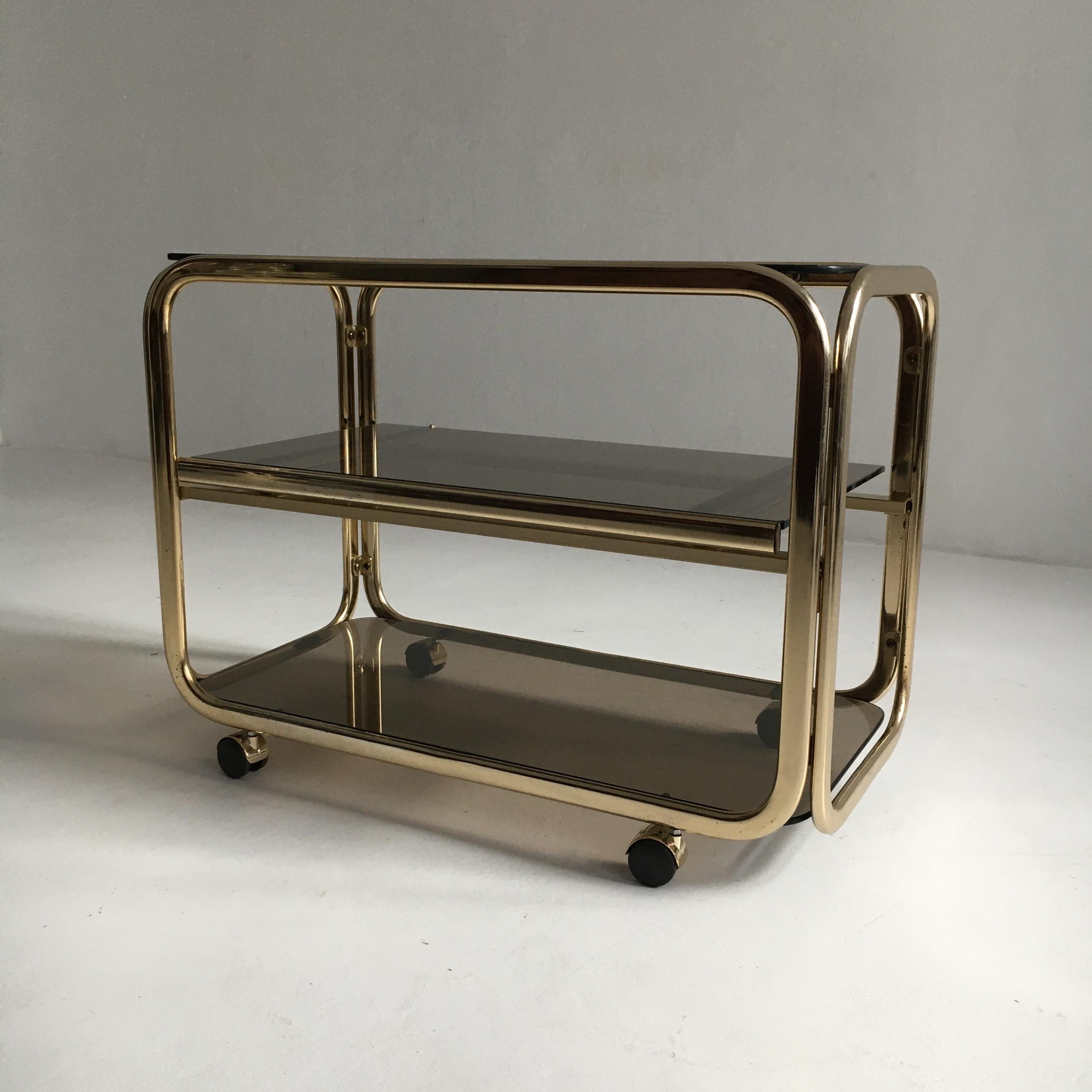 Vintage Brass-Plated Bar Cart Table Brown Smoked Glass Plates by Morex, 1970s 2