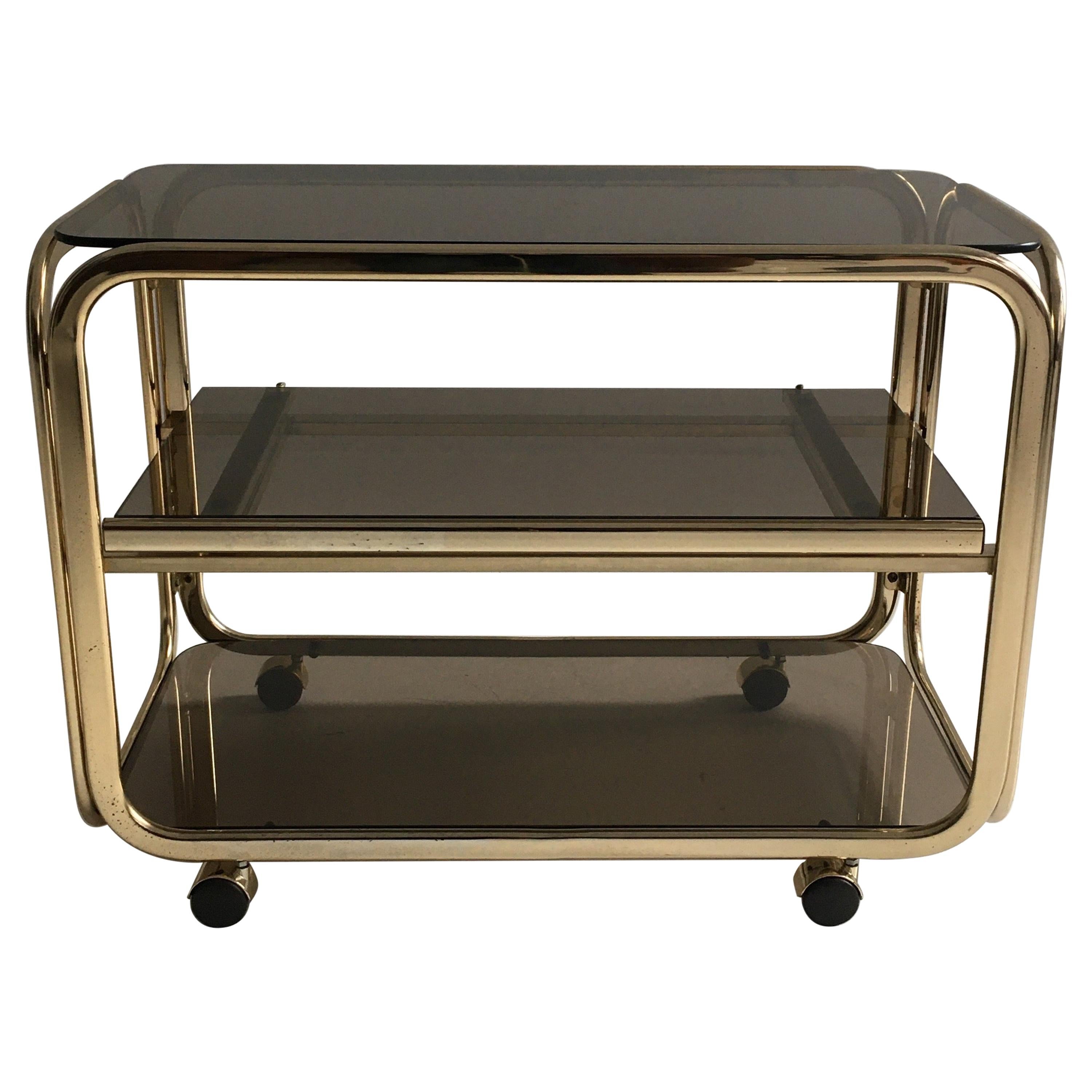Vintage Brass-Plated Bar Cart Table Brown Smoked Glass Plates by Morex, 1970s