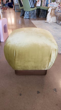Vintage Brass Plinth Base Ottoman Reupholstered in Citrine Velvet