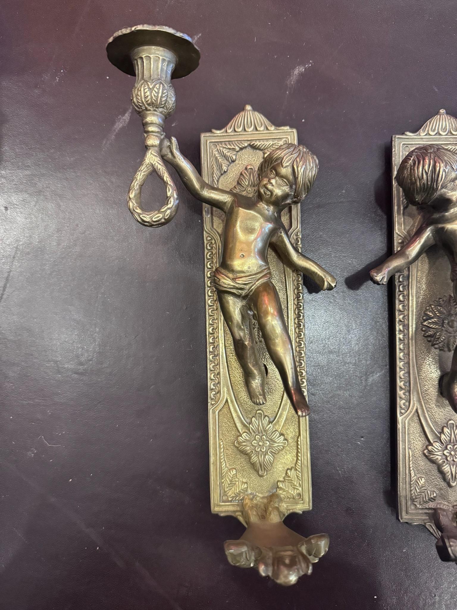 Empire Vintage Brass Putti Cherub Angel Wall Mounted Sconces Candle Holders - Set of 2 For Sale