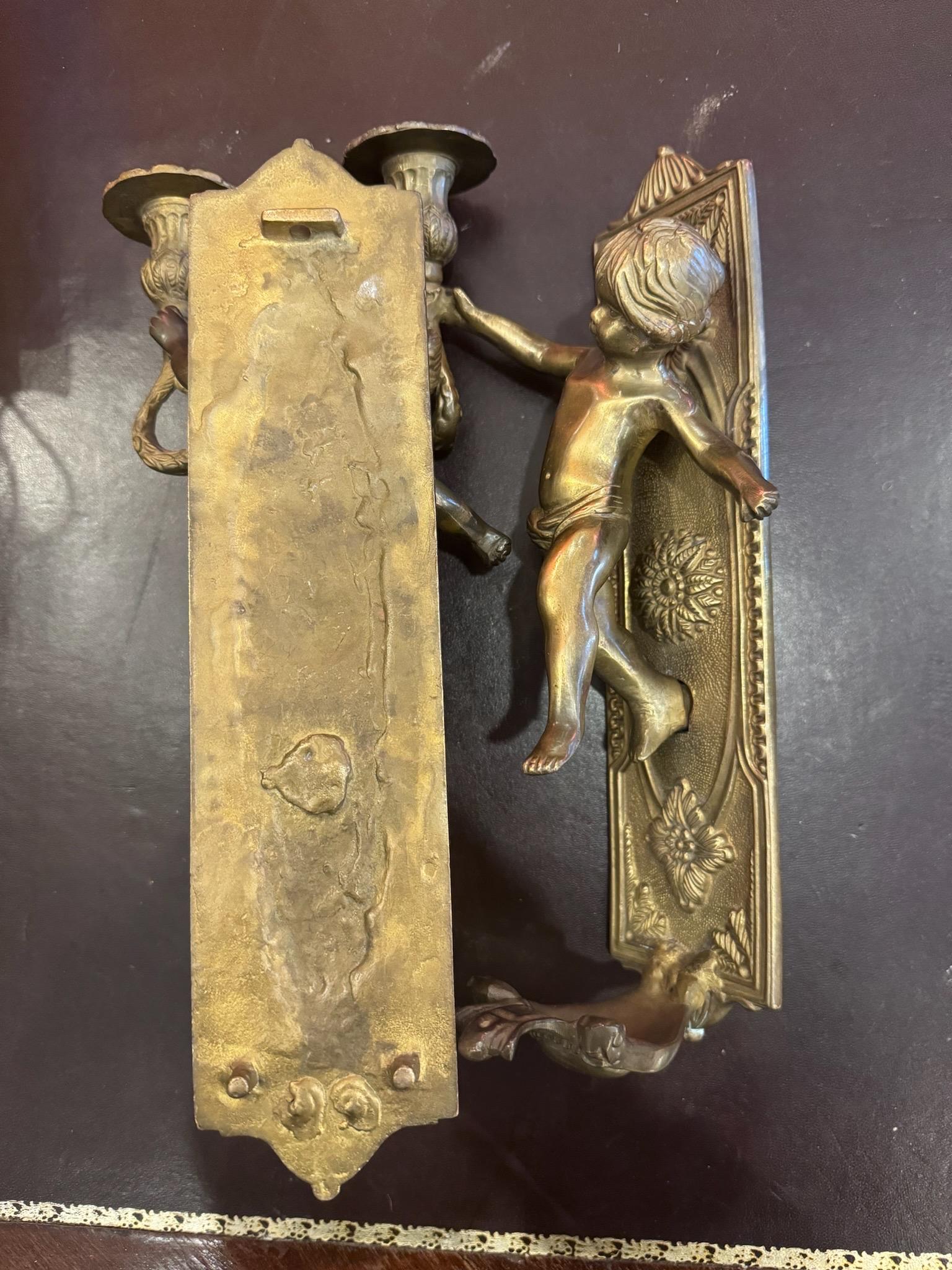 Unknown Vintage Brass Putti Cherub Angel Wall Mounted Sconces Candle Holders - Set of 2 For Sale