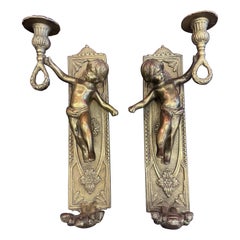Bougeoirs d'appliques murales vintage en laiton Putti chérubin Angel - Lot de 2