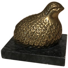 Vintage Brass Quail Paperweight on Marble Stand