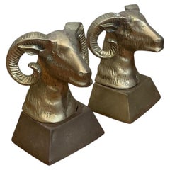 Vintage Brass Ram Bust Bookends - A Pair