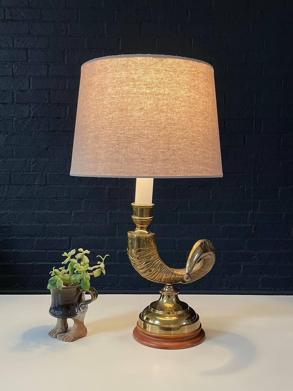 Mid-Century Modern Vintage Brass Ram Horn Table Lamp