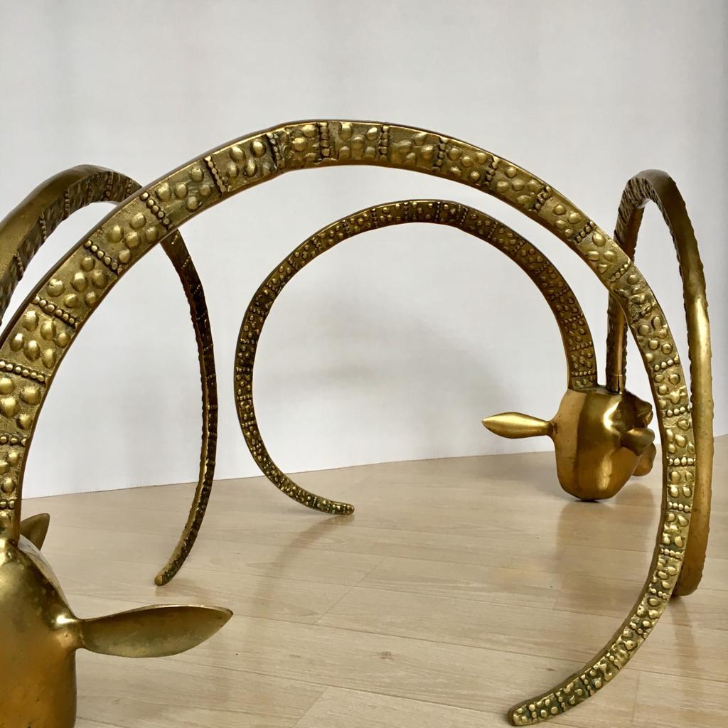 French Vintage Brass Ram or Ibex Heads Coffee Table Base in the Alain Chervet Style For Sale