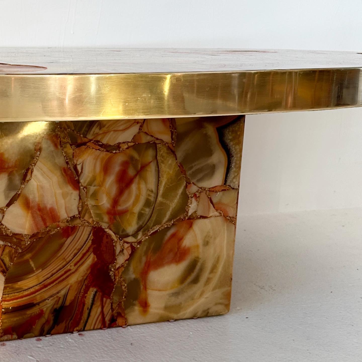 Late 20th Century Vintage Brass Rimmed Oval Alabaster Coffee Table For Sale