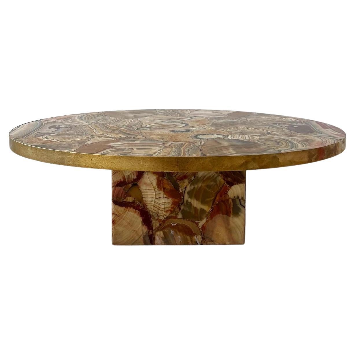 Vintage Brass Rimmed Oval Alabaster Coffee Table For Sale