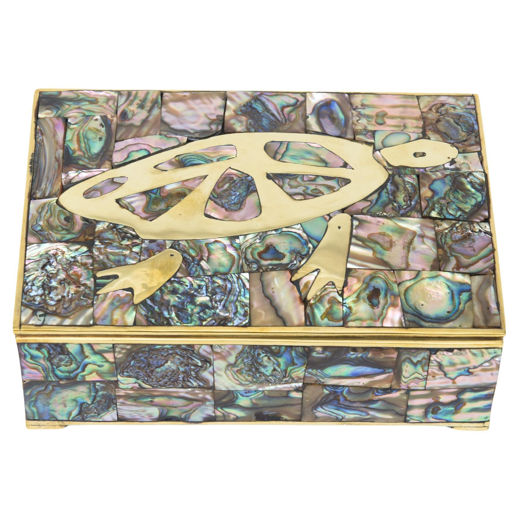 Caja de tortuga vintage con bisagra de latón, palisandro y abulón restaurada, Hallmarked MCM