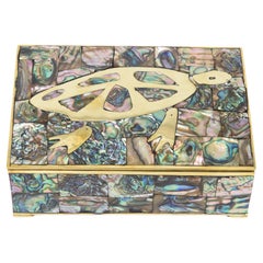 Boîte à tortue vintage en laiton, palissandre et abalone restaurée, poinçonnée MCM