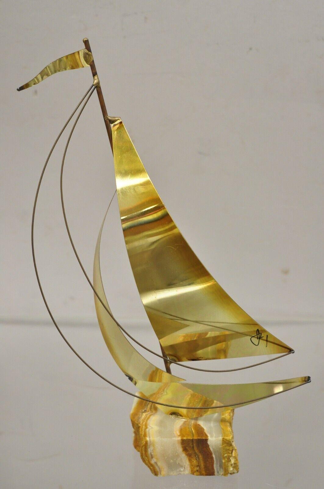 Vintage Brass Sailboat Mid-Century Modern Sculpture Jere Demot, 3 Pc Set For Sale 3