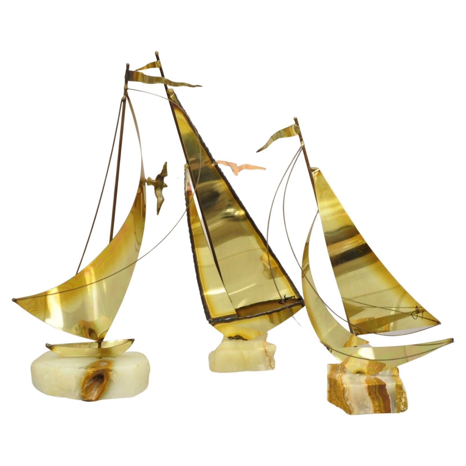 Vintage Brass Sailboat Mid-Century Modern Sculpture Jere Demot, 3 Pc Set For Sale