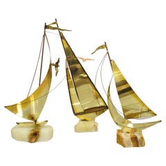 Vintage Brass Sailboat Mid-Century Modern Sculpture Jere Demot, 3 Pc Set