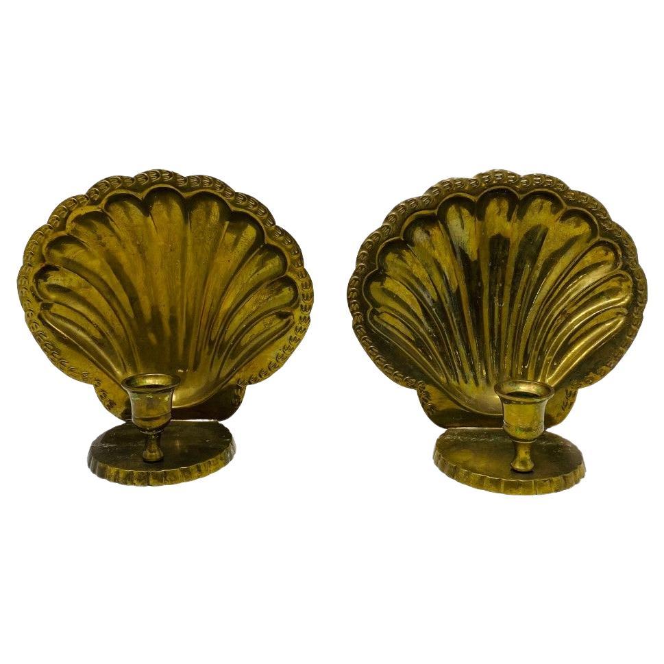 Vintage Brass Scallop Shell Candle Holder Sconces