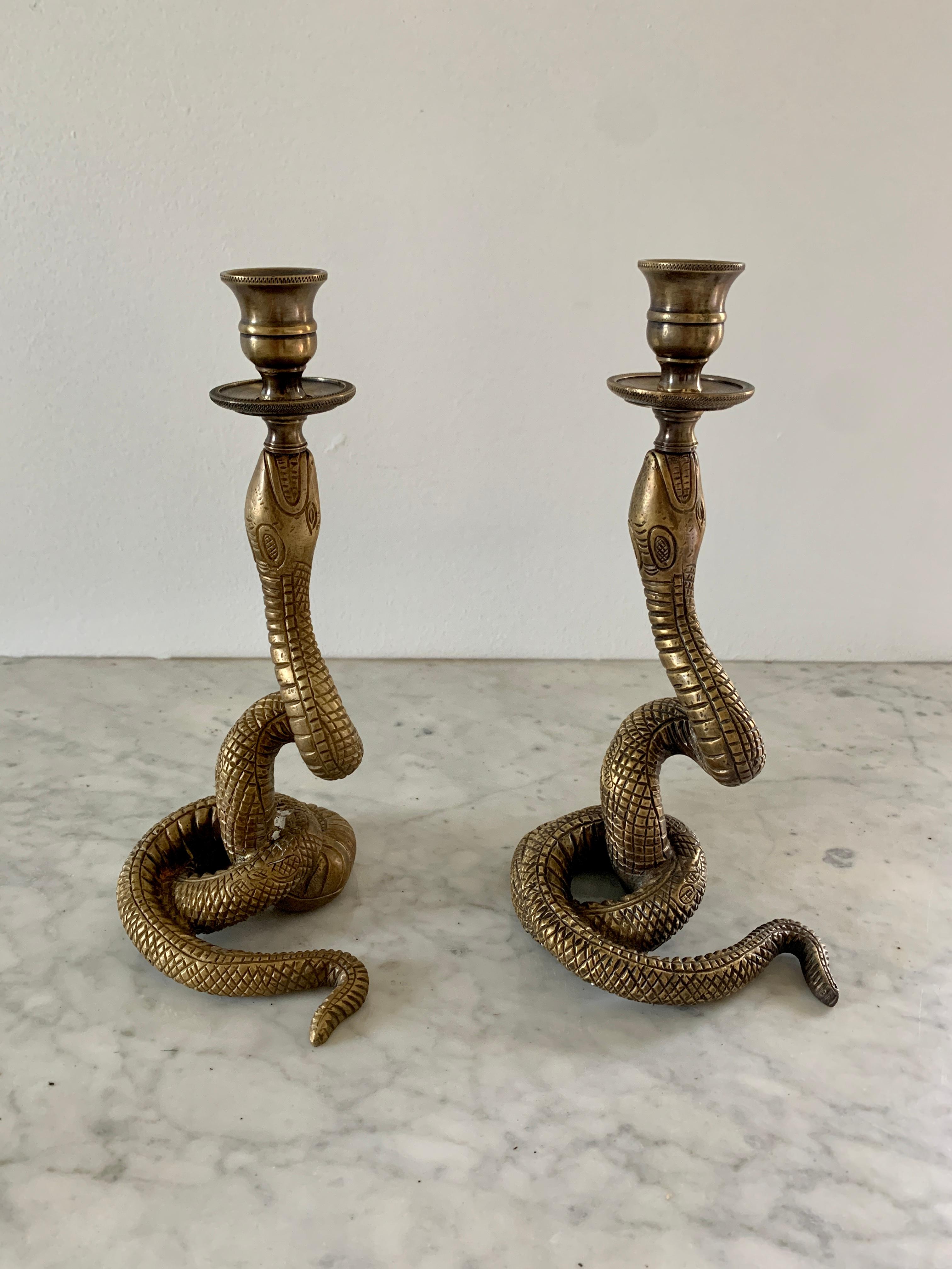 Vintage Brass Serpent Snake Candle Holders, Pair 4