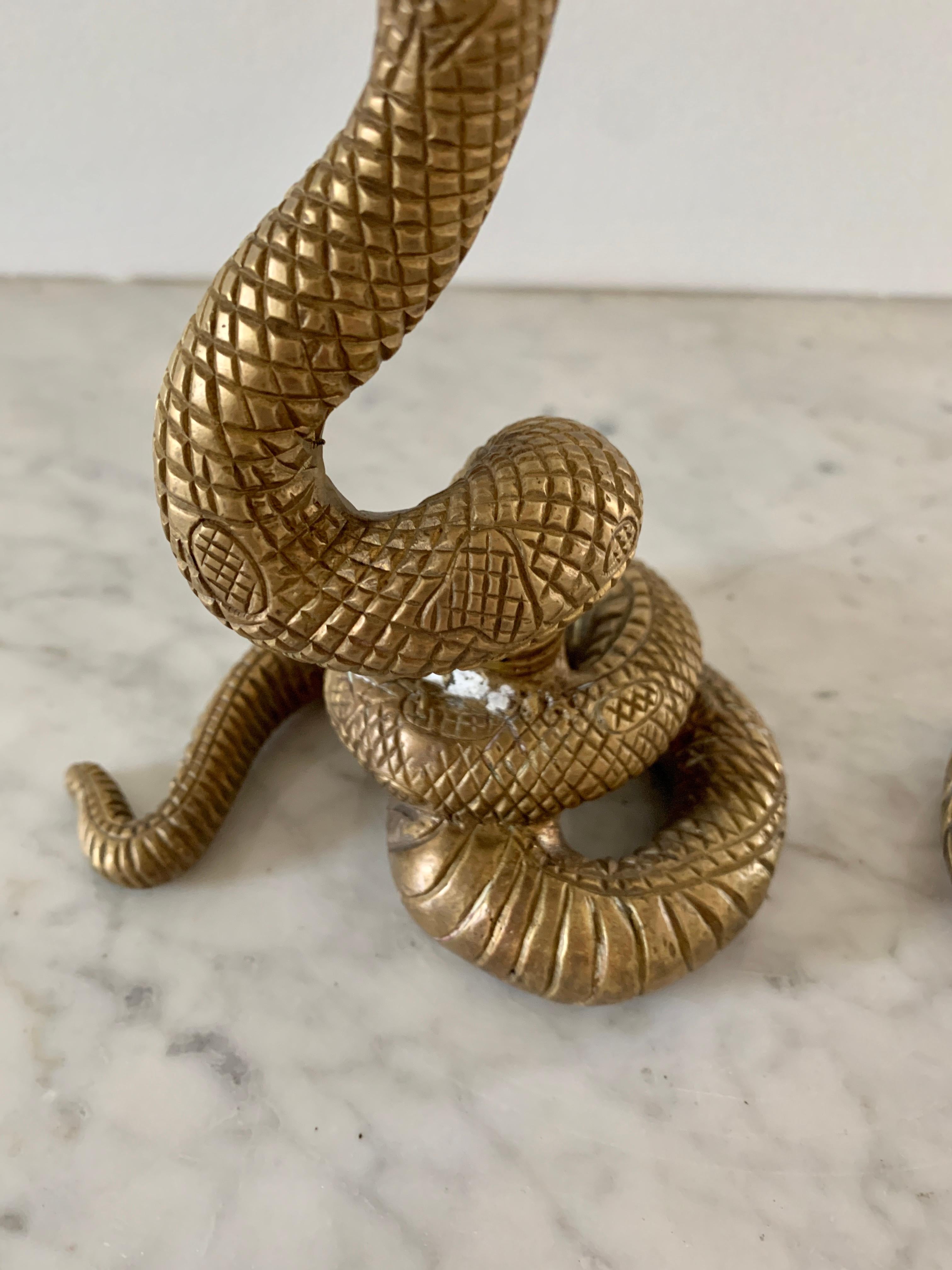 Art Deco Vintage Brass Serpent Snake Candle Holders, Pair