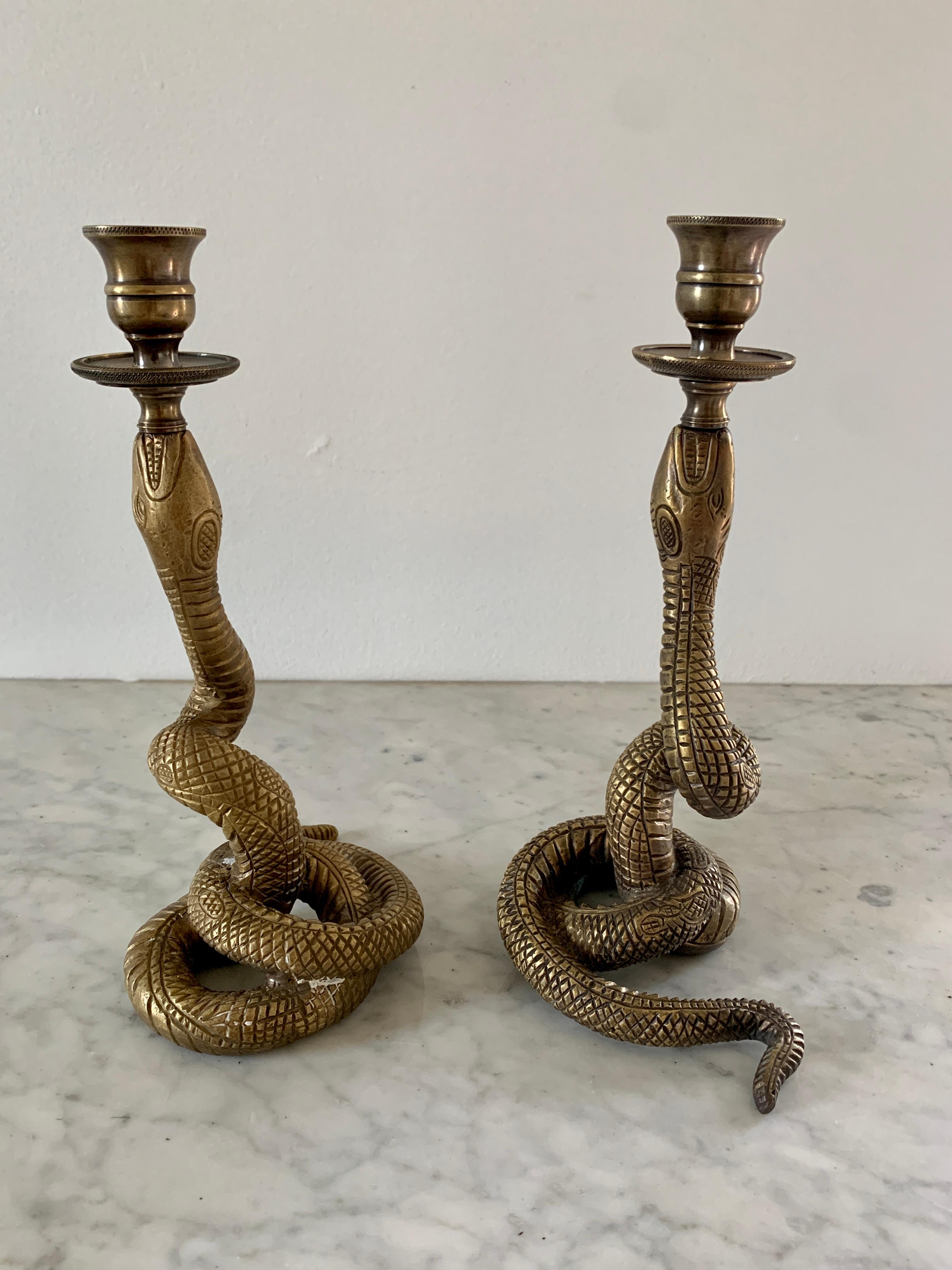Vintage Brass Serpent Snake Candle Holders, Pair In Good Condition In Elkhart, IN