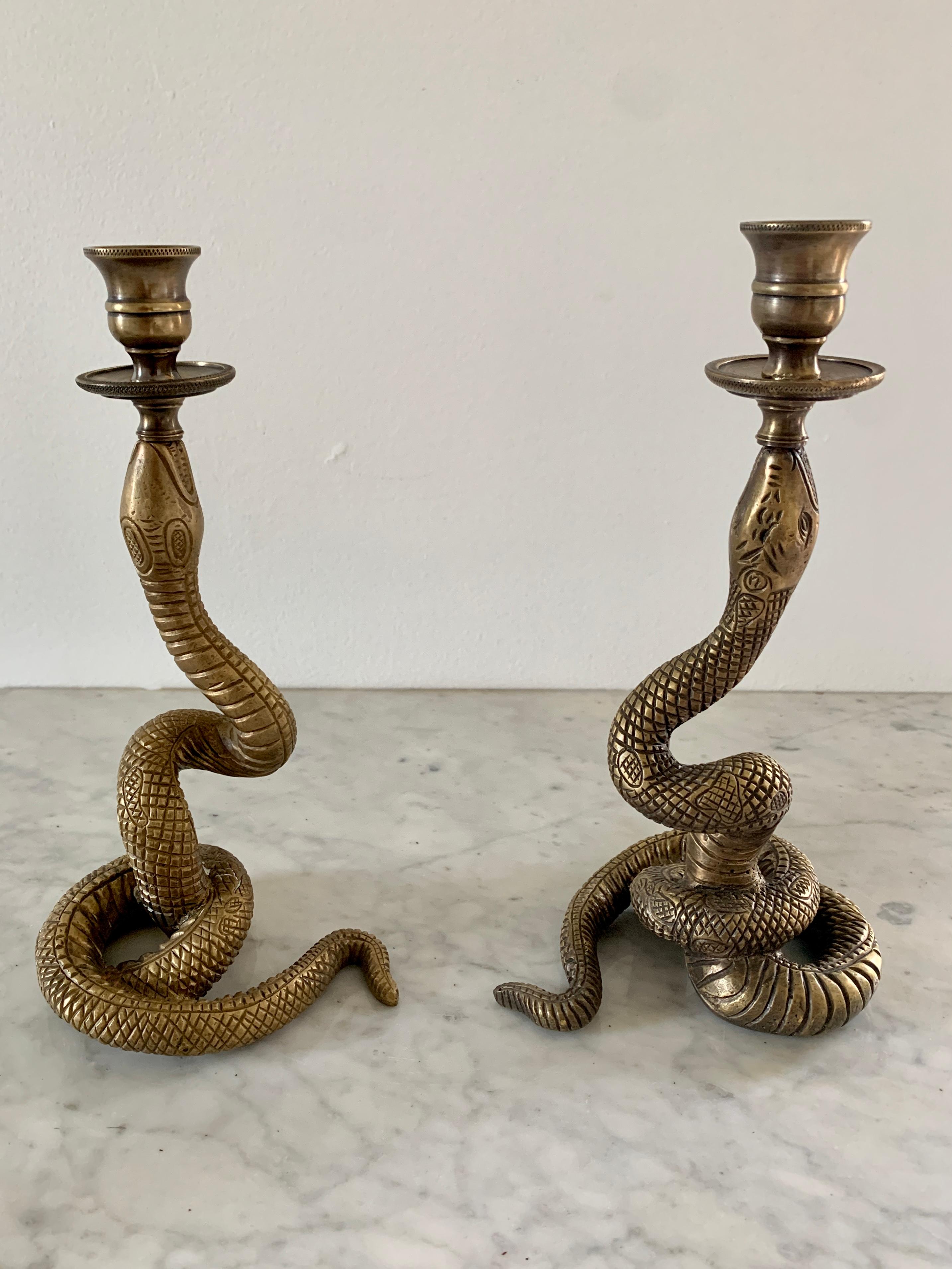 20th Century Vintage Brass Serpent Snake Candle Holders, Pair