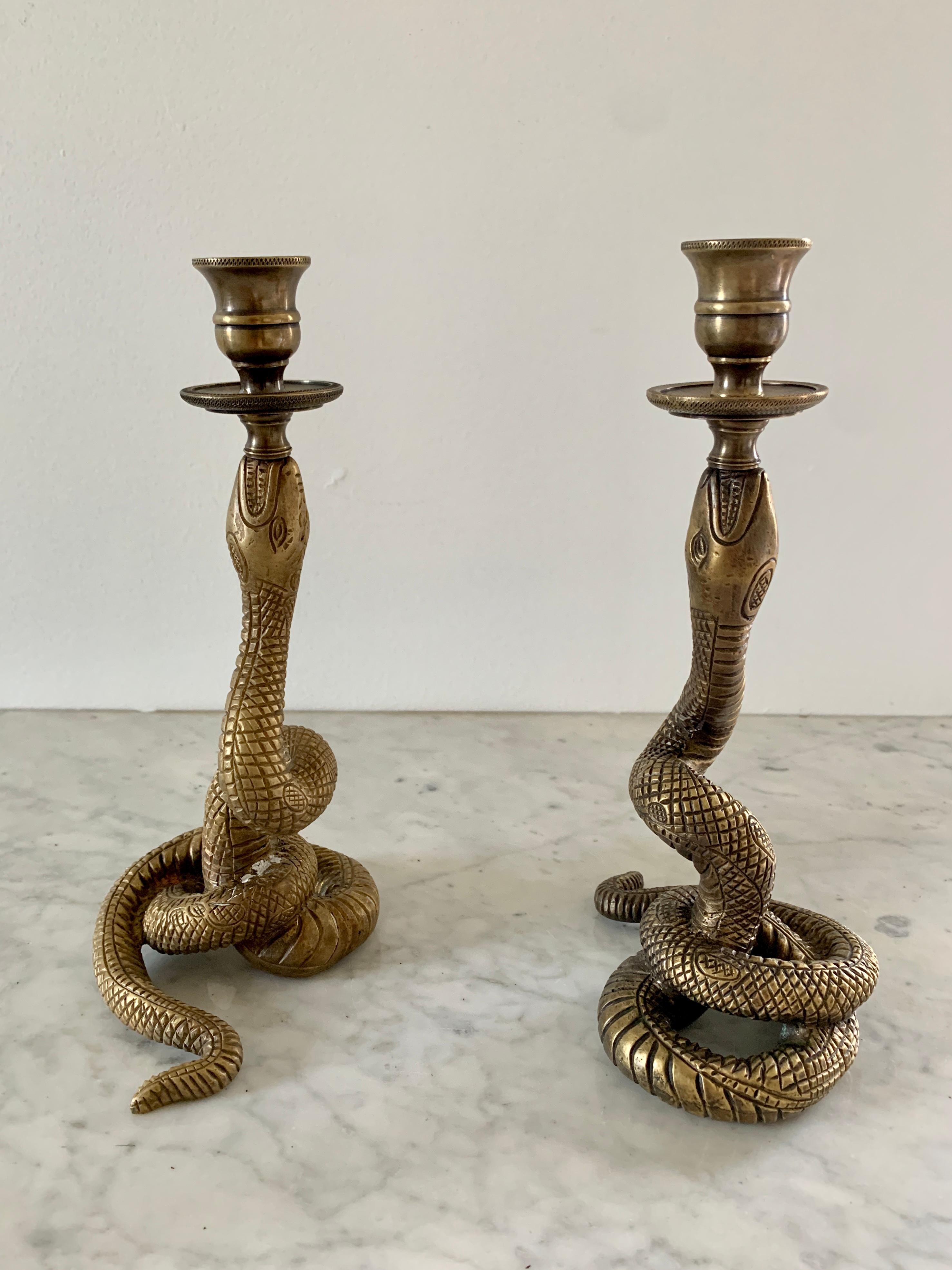 Vintage Brass Serpent Snake Candle Holders, Pair 1