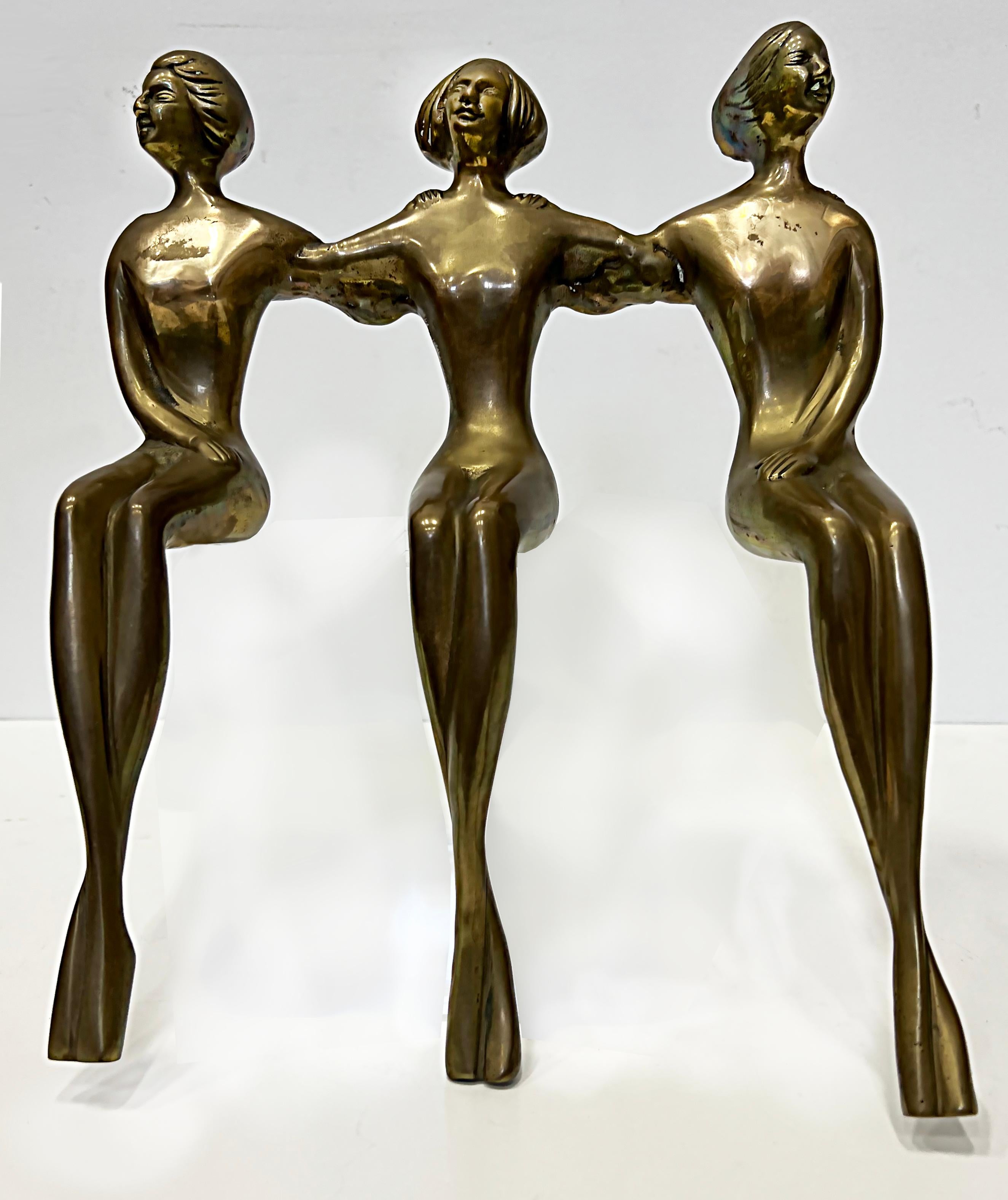 Vintage Brass Shelf Sitter Figural Sculpture, 3 Nude Women 5