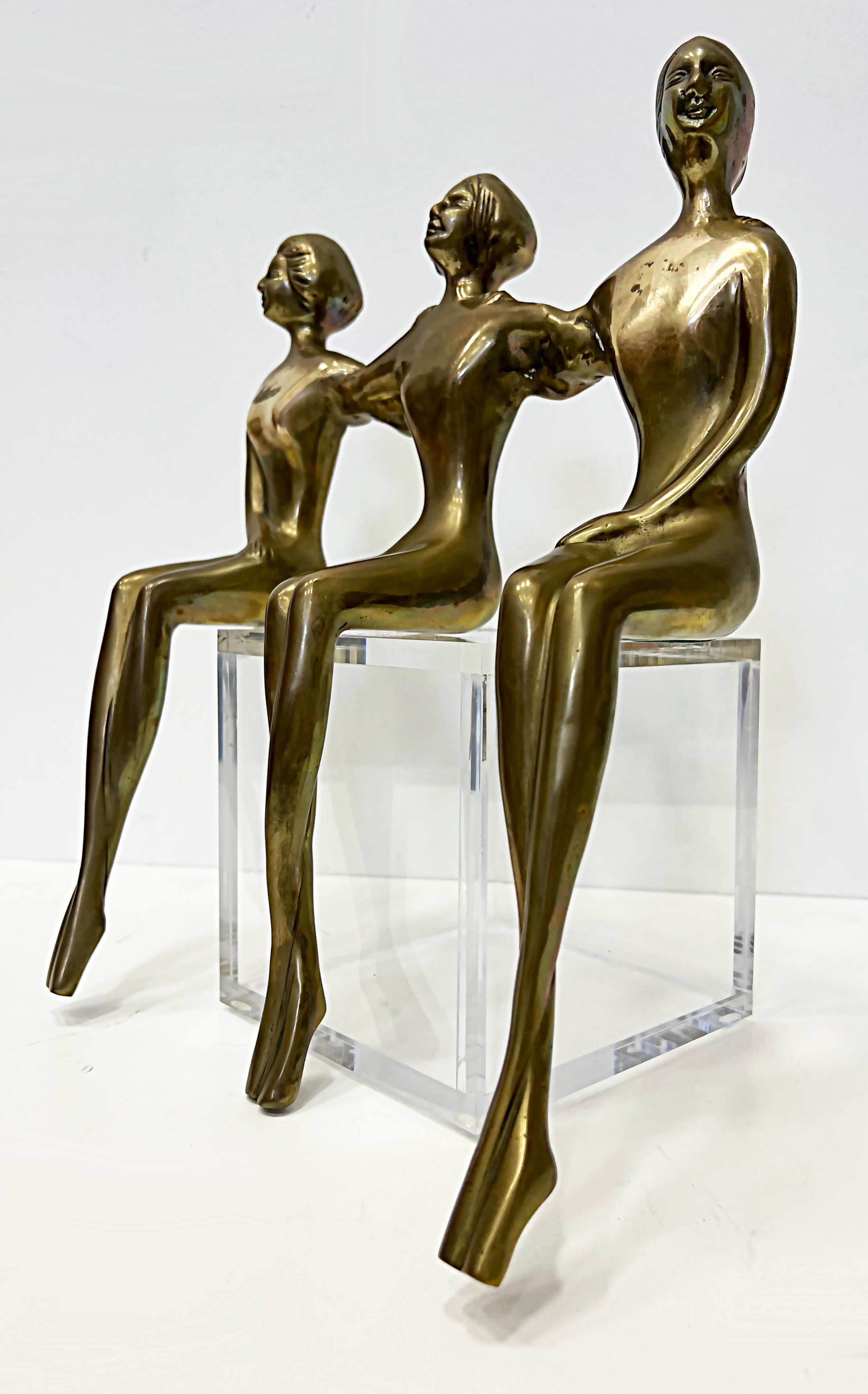 Cast Vintage Brass Shelf Sitter Figural Sculpture, 3 Nude Women