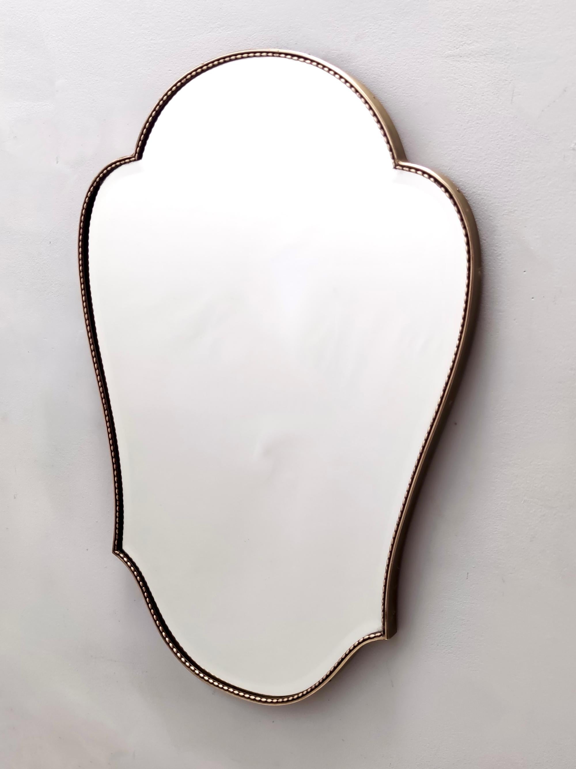 Mid-Century Modern Vintage Brass Shield Shaped Beveled Wall Mirror, Italy For Sale