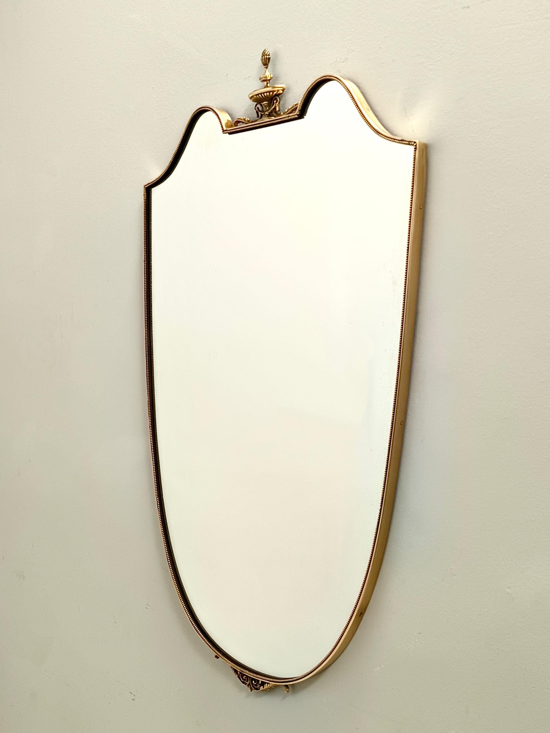 Mid-Century Modern Vintage Brass Shield Shaped Wall Mirror, Italy For Sale