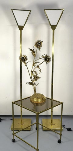 Vintage Brass Side Table on Wheels, with Smoke Glass Top