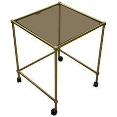 Vintage Brass Side Table on Wheels, with Smoke Glass Top