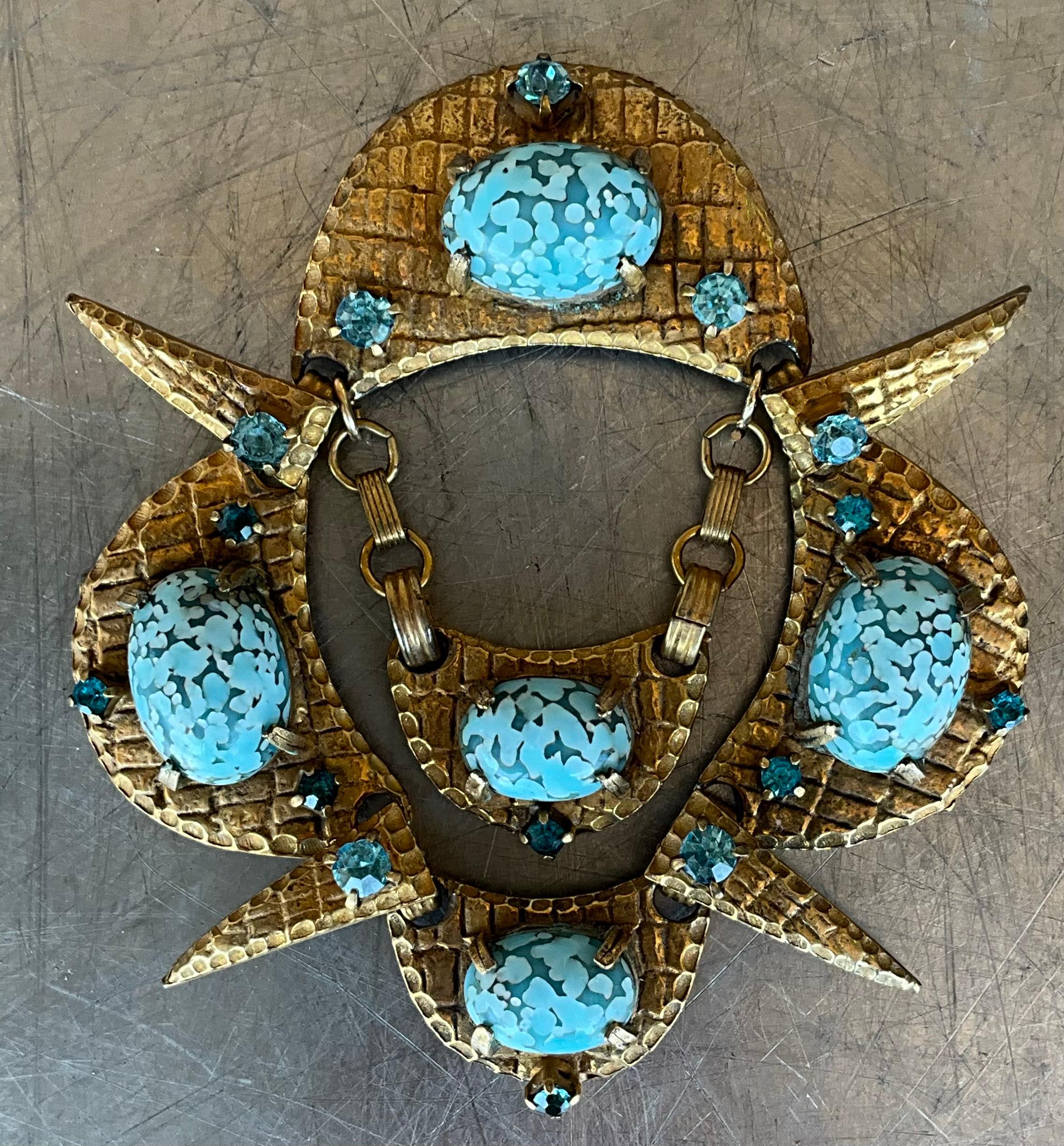 Women's or Men's Vintage Brass Soapstone Brooch For Sale
