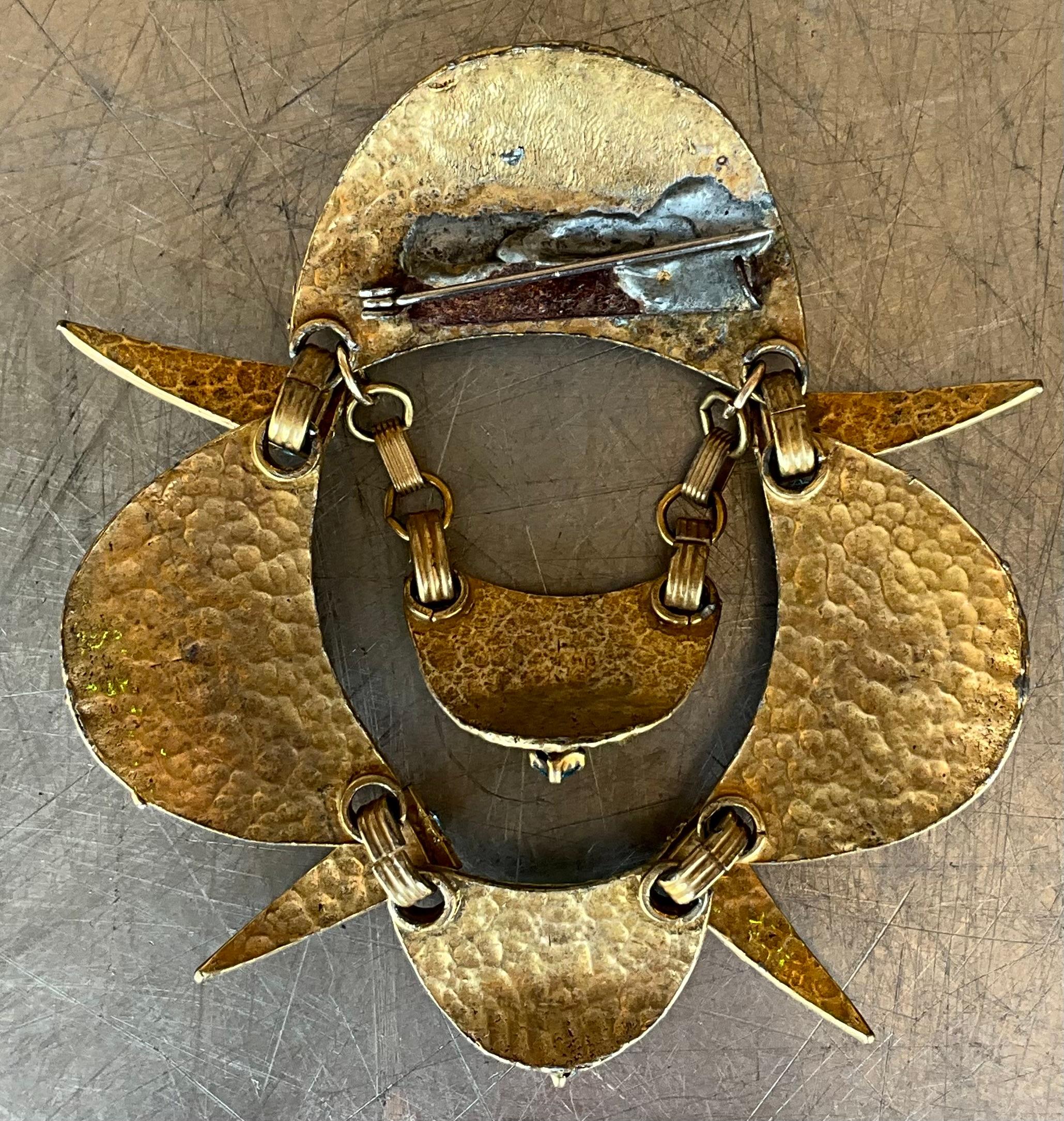 Vintage Brass Soapstone Brooch For Sale 2