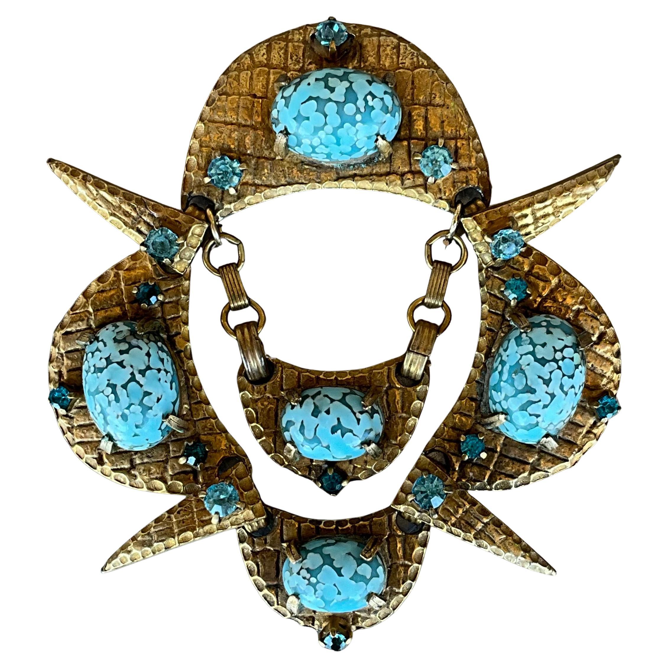 Vintage Brass Soapstone Brooch For Sale