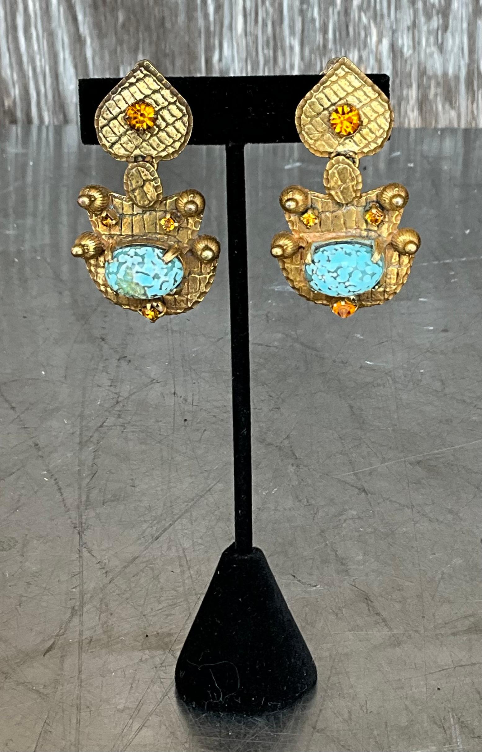 Vintage Brass Soapstone Clip on Earrings For Sale 1