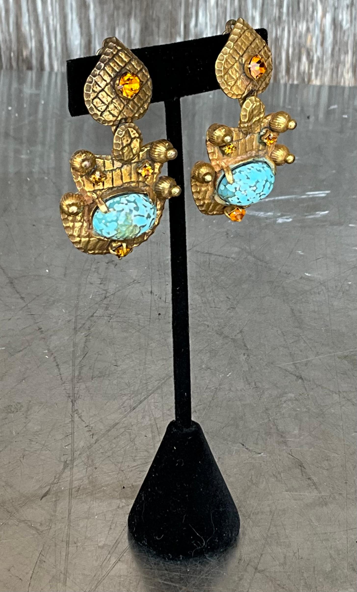 Vintage Brass Soapstone Clip on Earrings For Sale 2