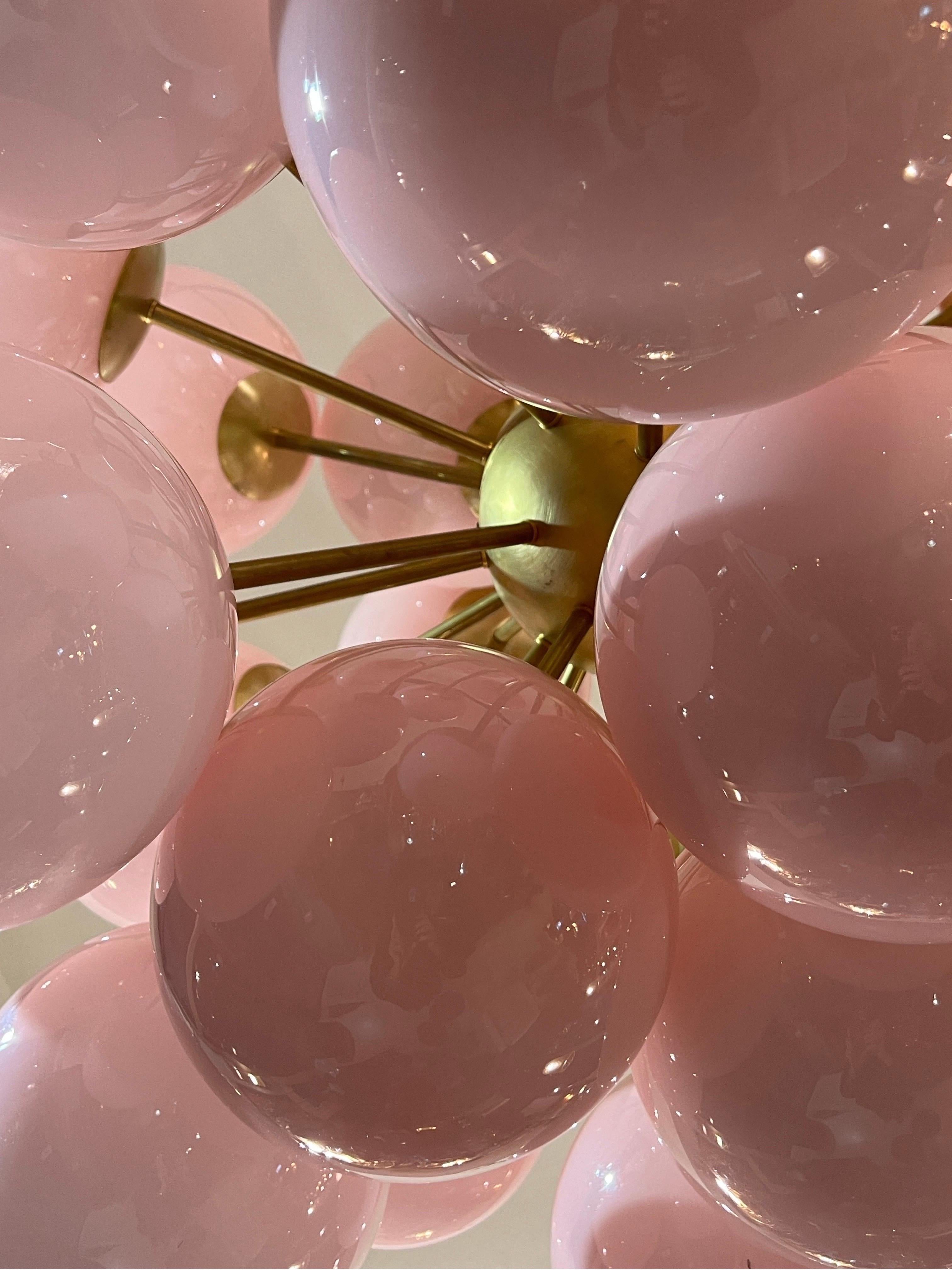 Vintage Brass Sputnik Chandelier with Pink Murano Glass Spheres 1980 4