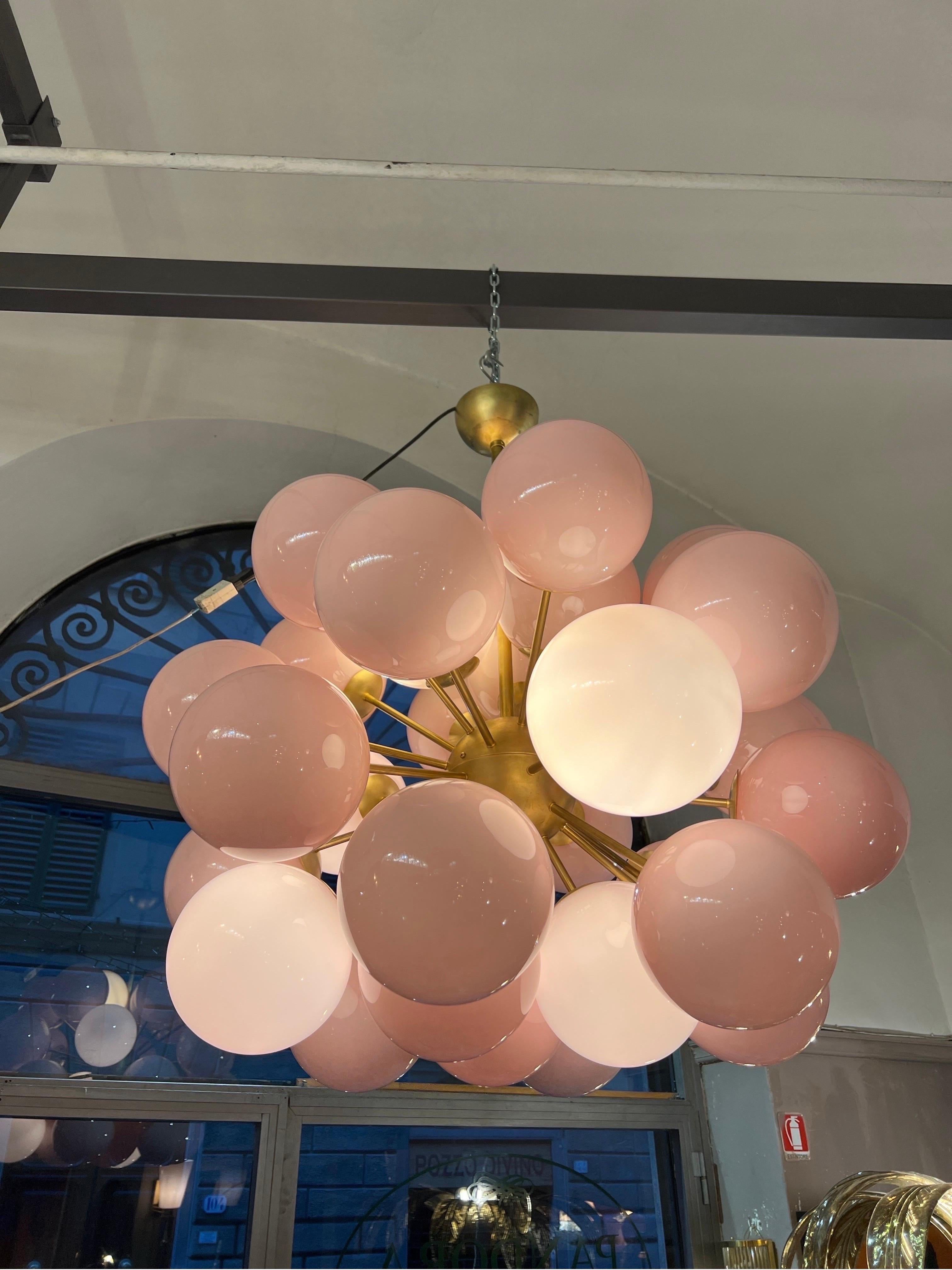 Vintage Brass Sputnik Chandelier with 30 Pink Murano Glass Spheres.
