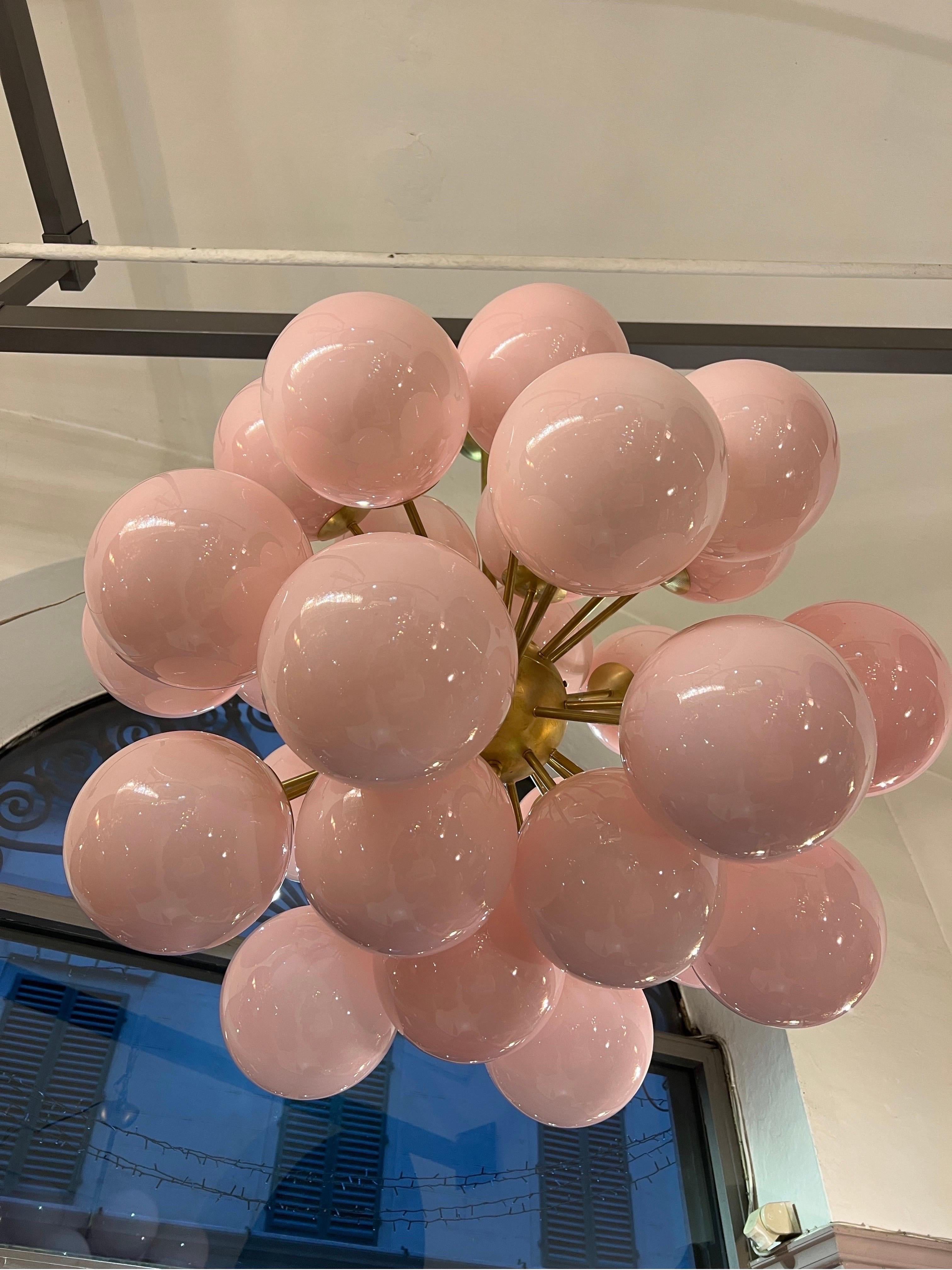 Late 20th Century Vintage Brass Sputnik Chandelier with Pink Murano Glass Spheres 1980