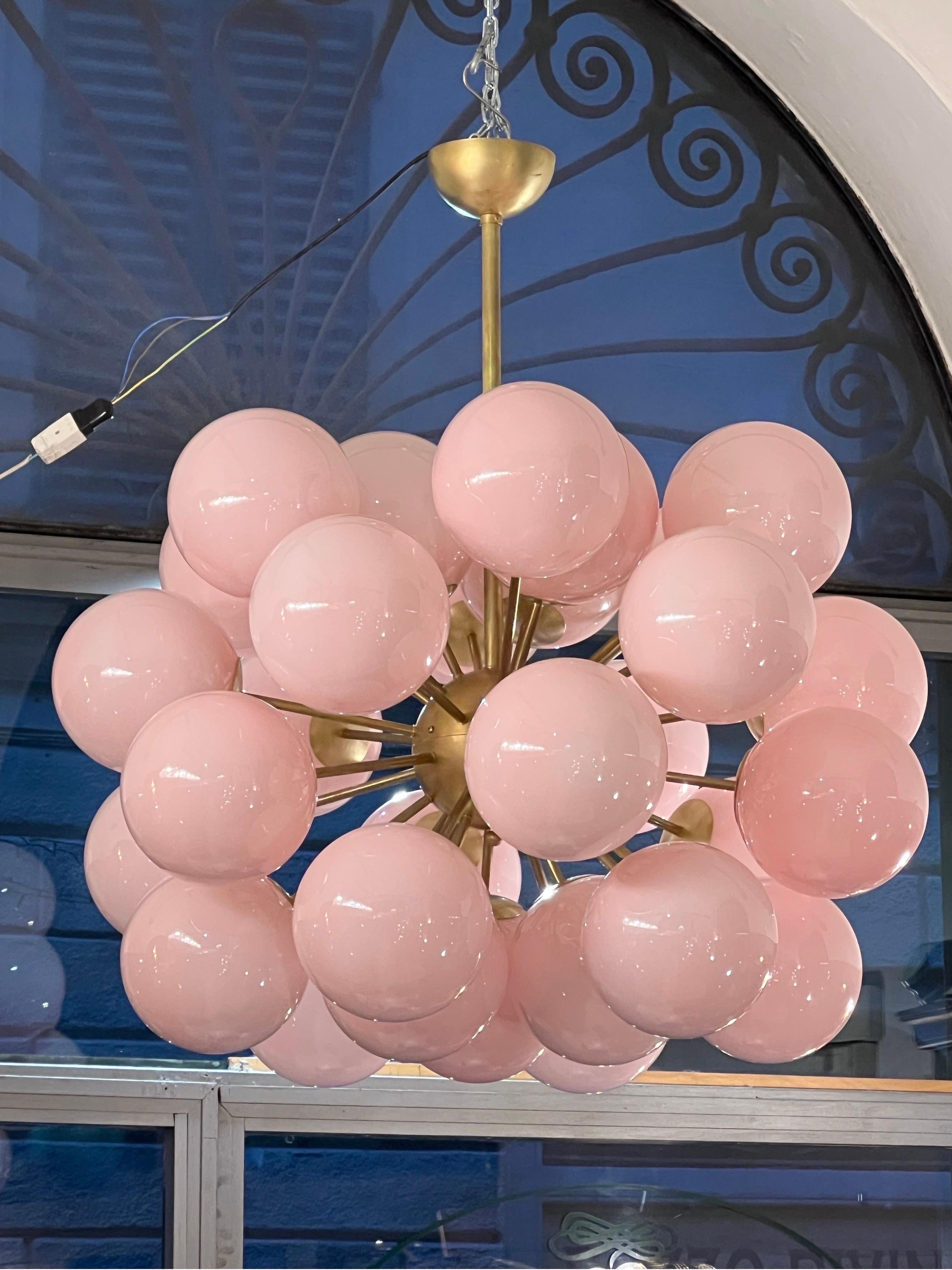 Vintage Brass Sputnik Chandelier with Pink Murano Glass Spheres 1980 2