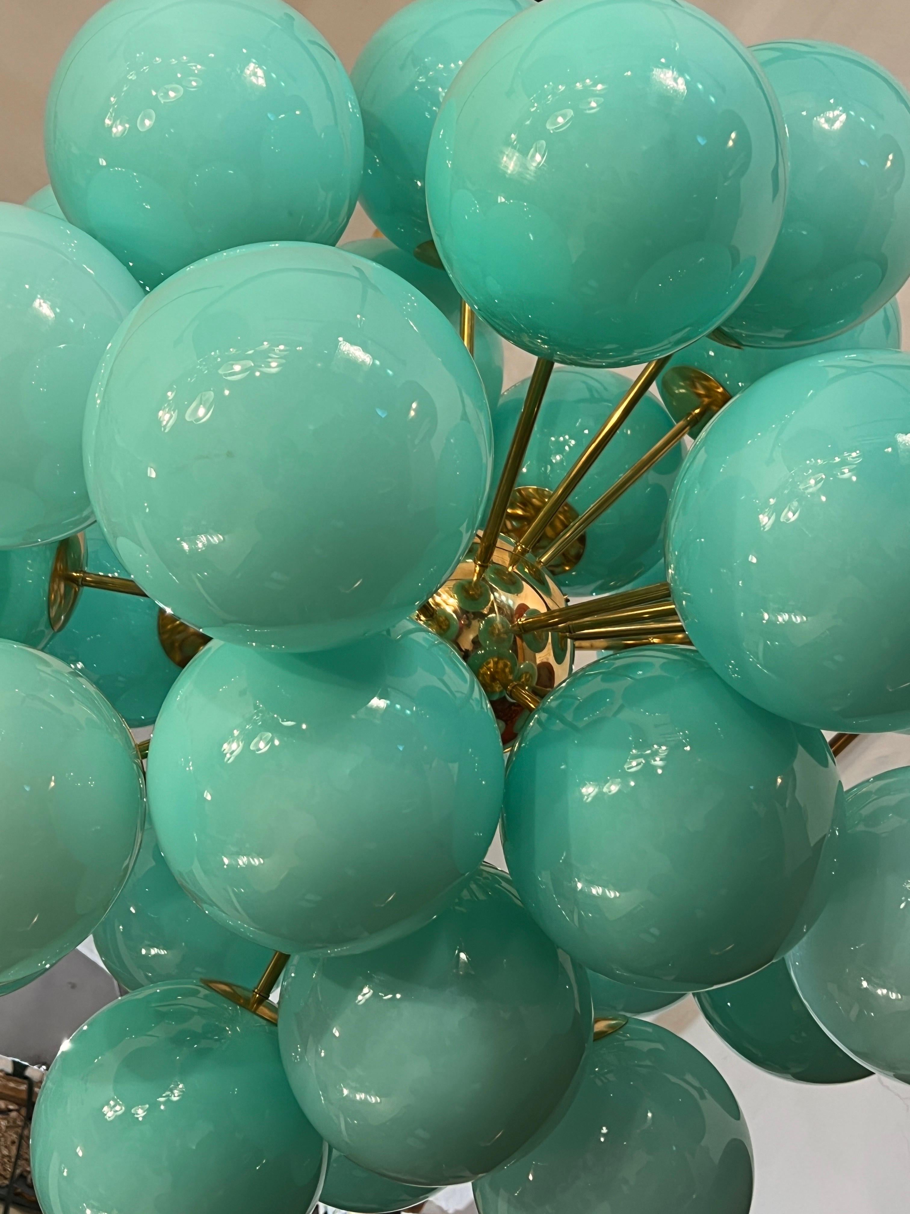 Vintage Brass Sputnik Chandelier with Tiffany Green Murano Glass Spheres, 1980s For Sale 2