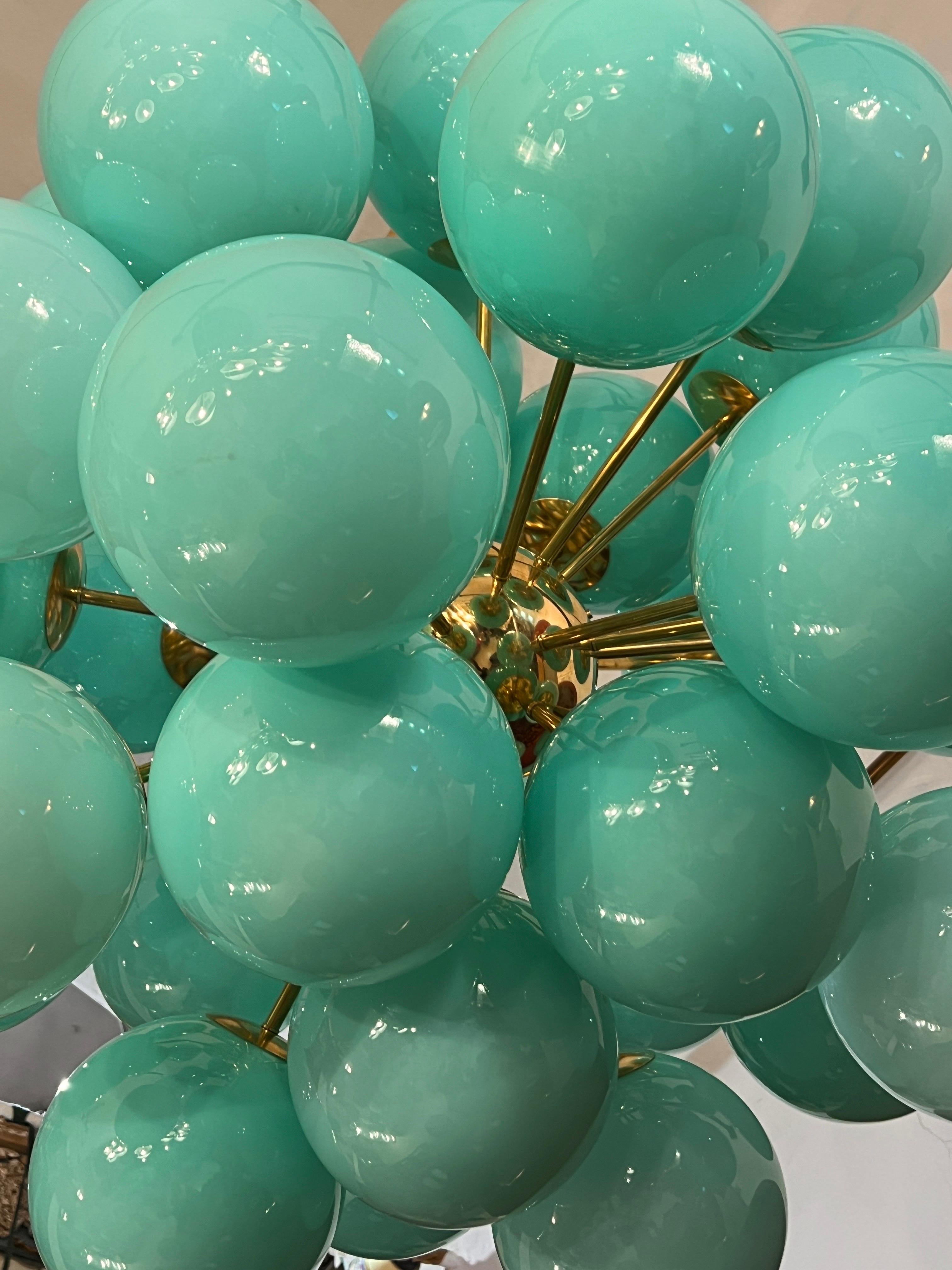 Vintage Brass Sputnik Chandelier with Tiffany Green Murano Glass Spheres, 1980s For Sale 3