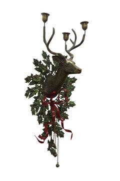 Vintage Brass Stag Reindeer Holly Wreath 3 Light Wall Sconce Candelabra 23"