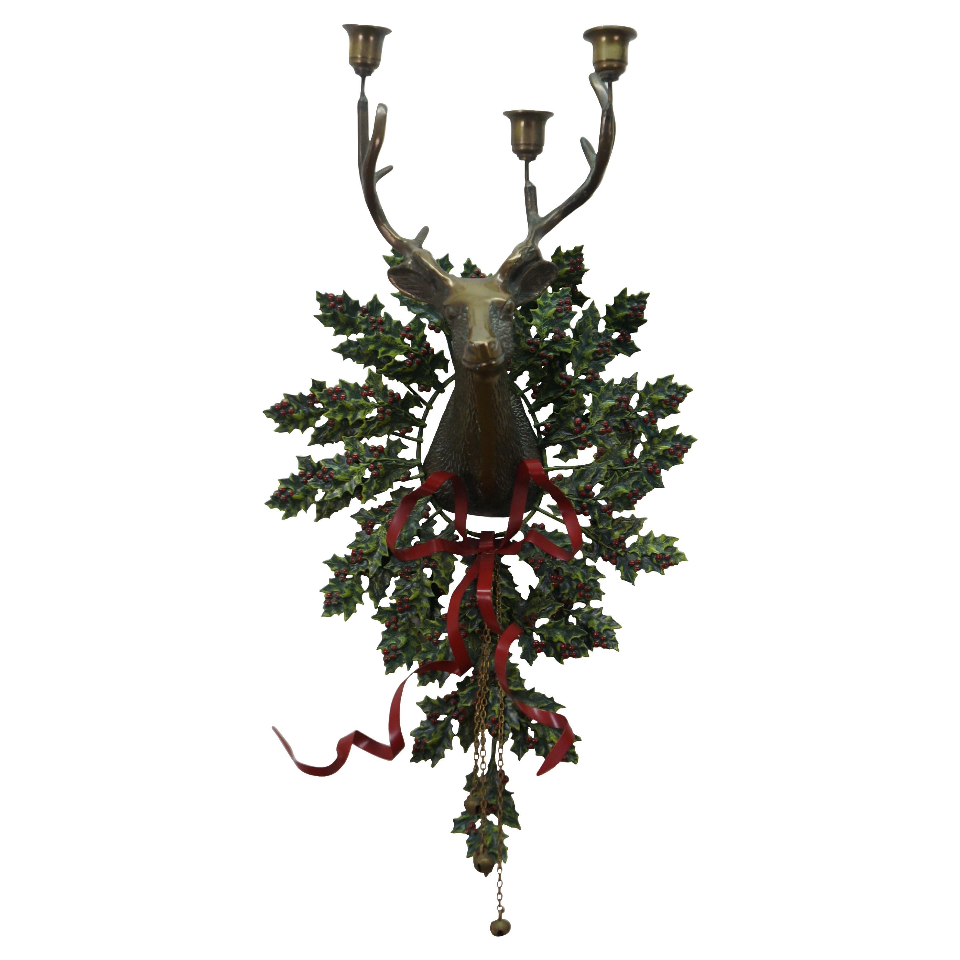 Vintage Messing Hirsch Rentier Holly Wreath 3 Licht Wandleuchter Kandelaber 23"