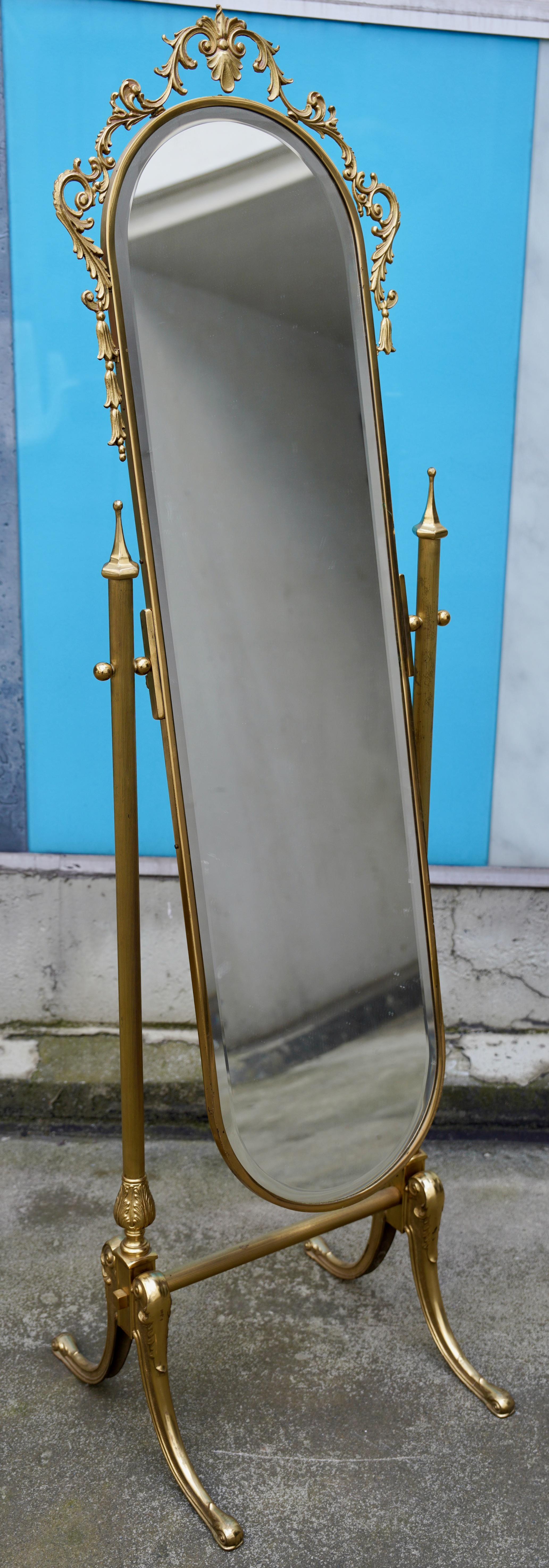 20th Century Vintage Brass Standing Floor Mirror with faceted Glass and Ornate Decorations For Sale