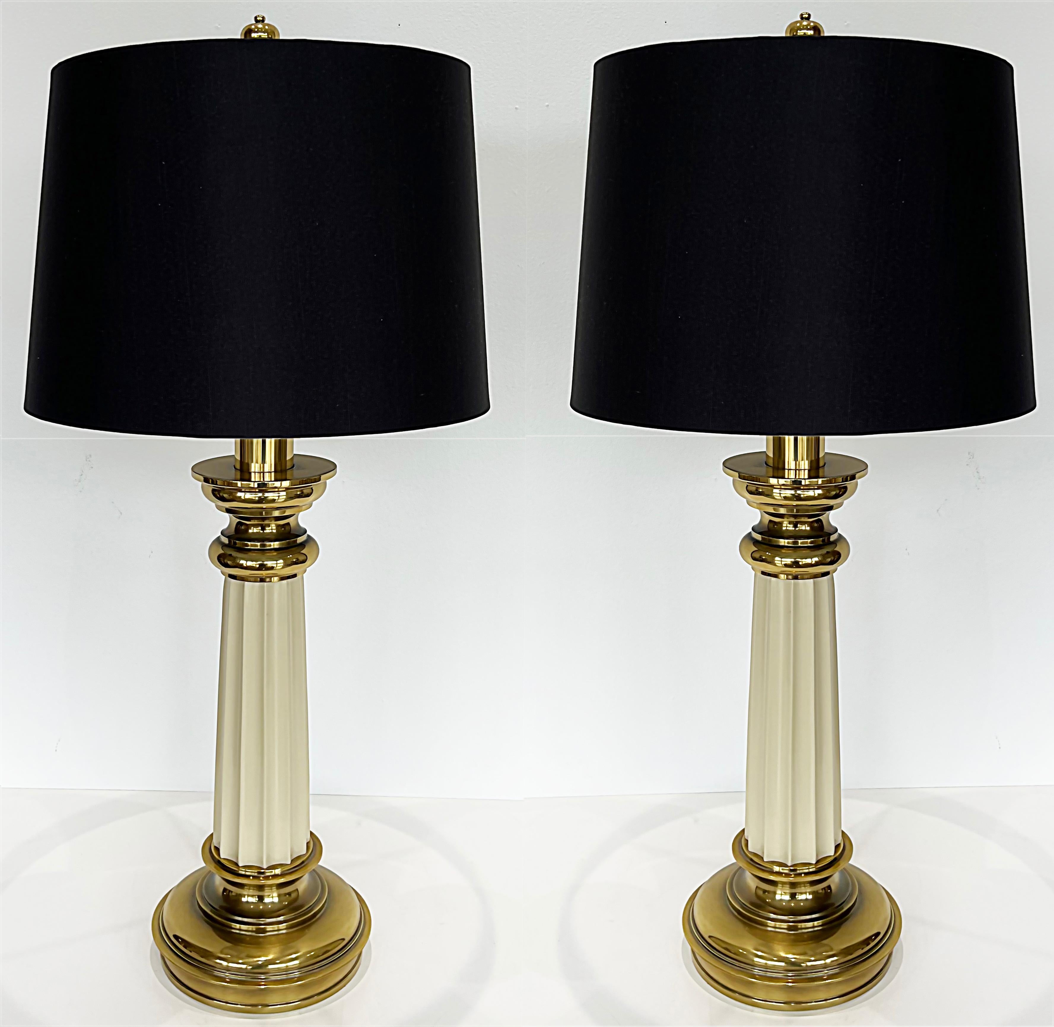 Vintage Brass Stiffel Column Table Lamps with Drum Shades, Pair 6