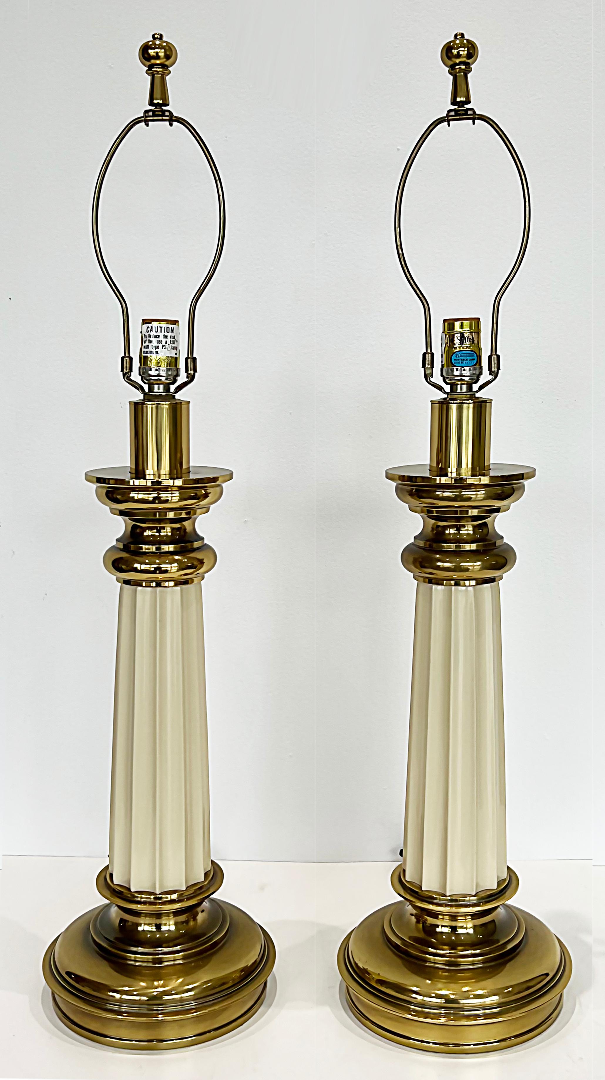 Vintage Brass Stiffel Column Table Lamps with Drum Shades, Pair In Good Condition In Miami, FL