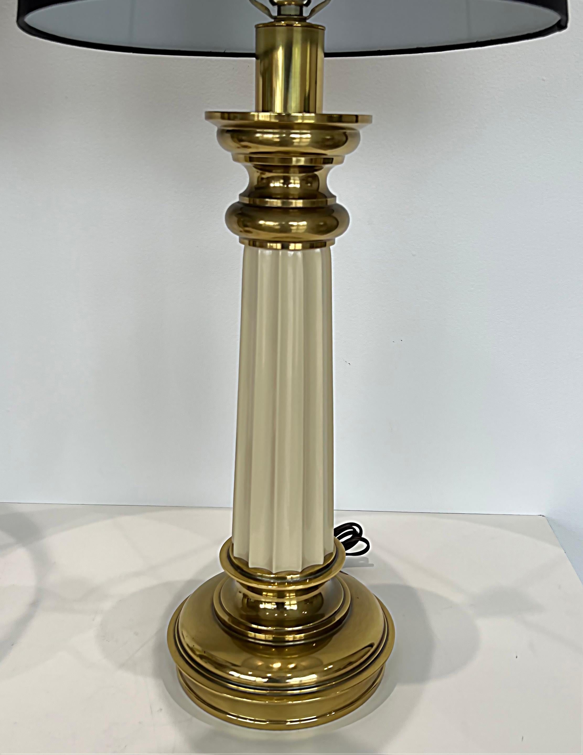 Vintage Brass Stiffel Column Table Lamps with Drum Shades, Pair 1