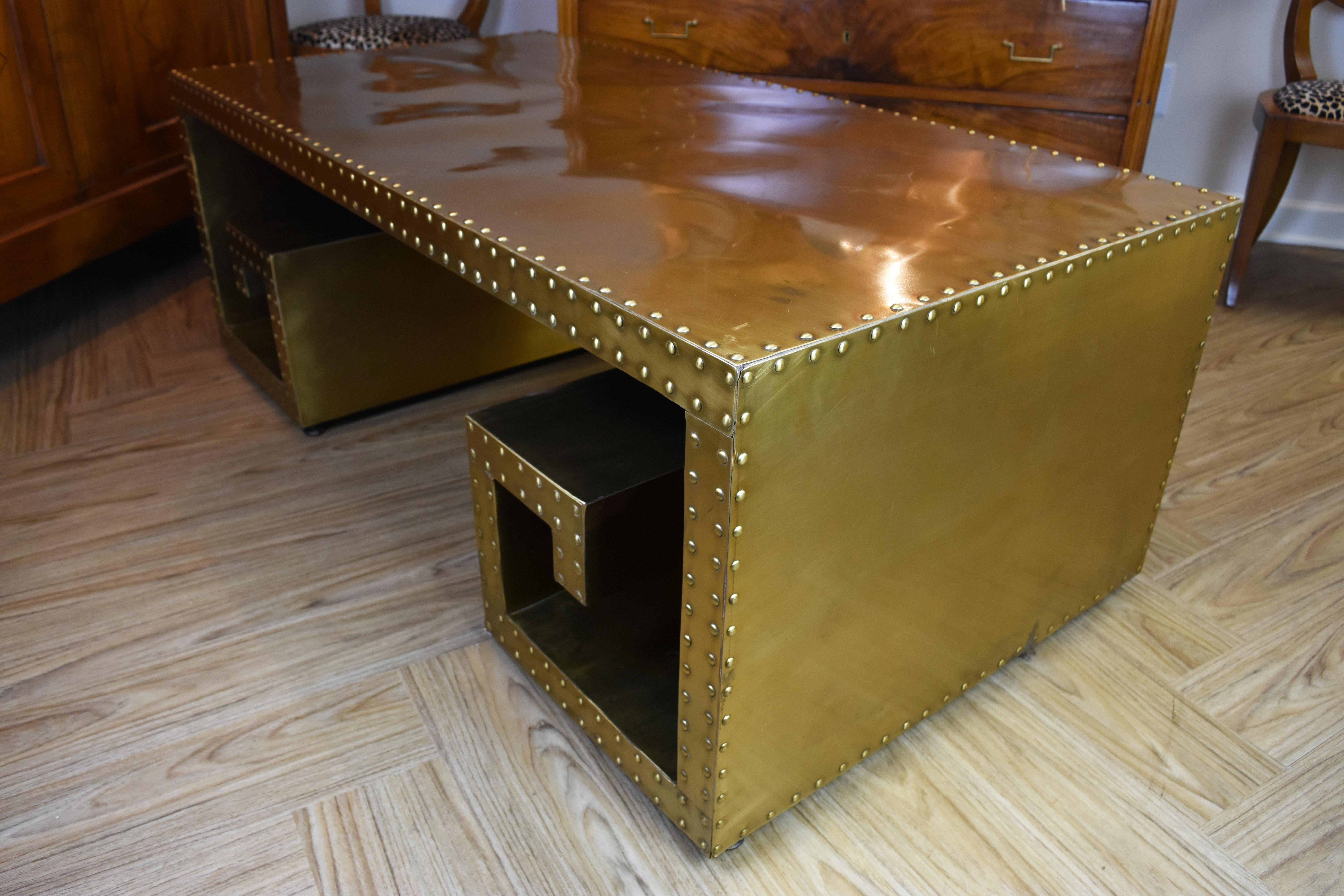 Vintage Brass Studded Greek Key Coffee Table In Good Condition In Nashville, TN